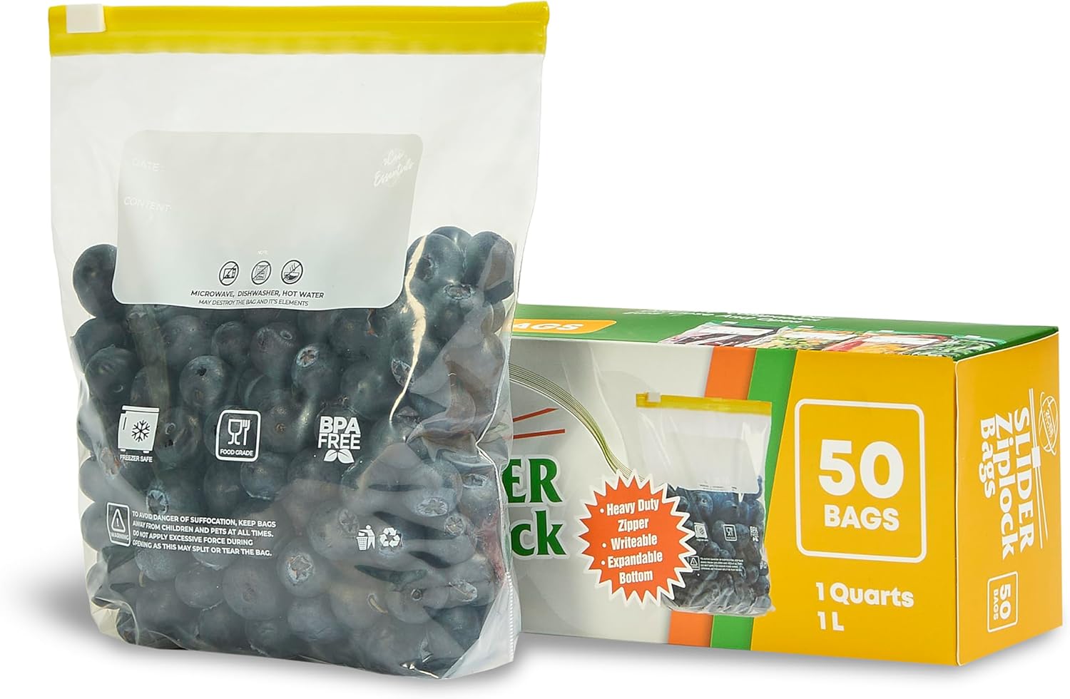 Small Slider Ziplock Bags (50pcs, 1 Quart / 1L) – Reusable Freezer Bags for Food Storage, Sandwich, Meal Prep – Leakproof, BPA-Free, Resealable & Heavy Duty Plastic Bags