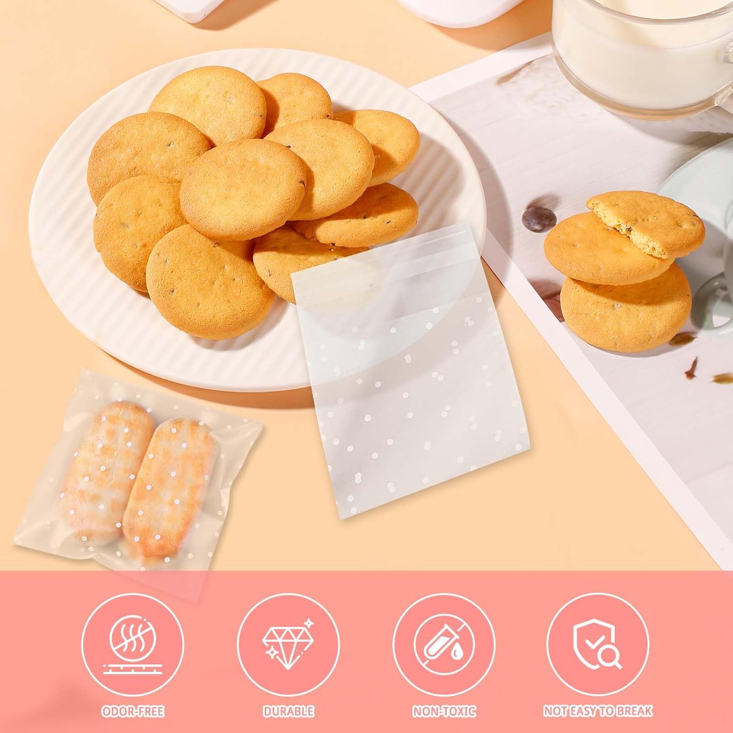 Cellophane Bags, 200 PCs White Polka Dot Self-Seal Translucent Cookie Bags Clear Frosted Plastic Package for Food Cookie Chocolates Biscuit Candy (7 X 7+3cm, 10×10cm+3cm) - Image 3