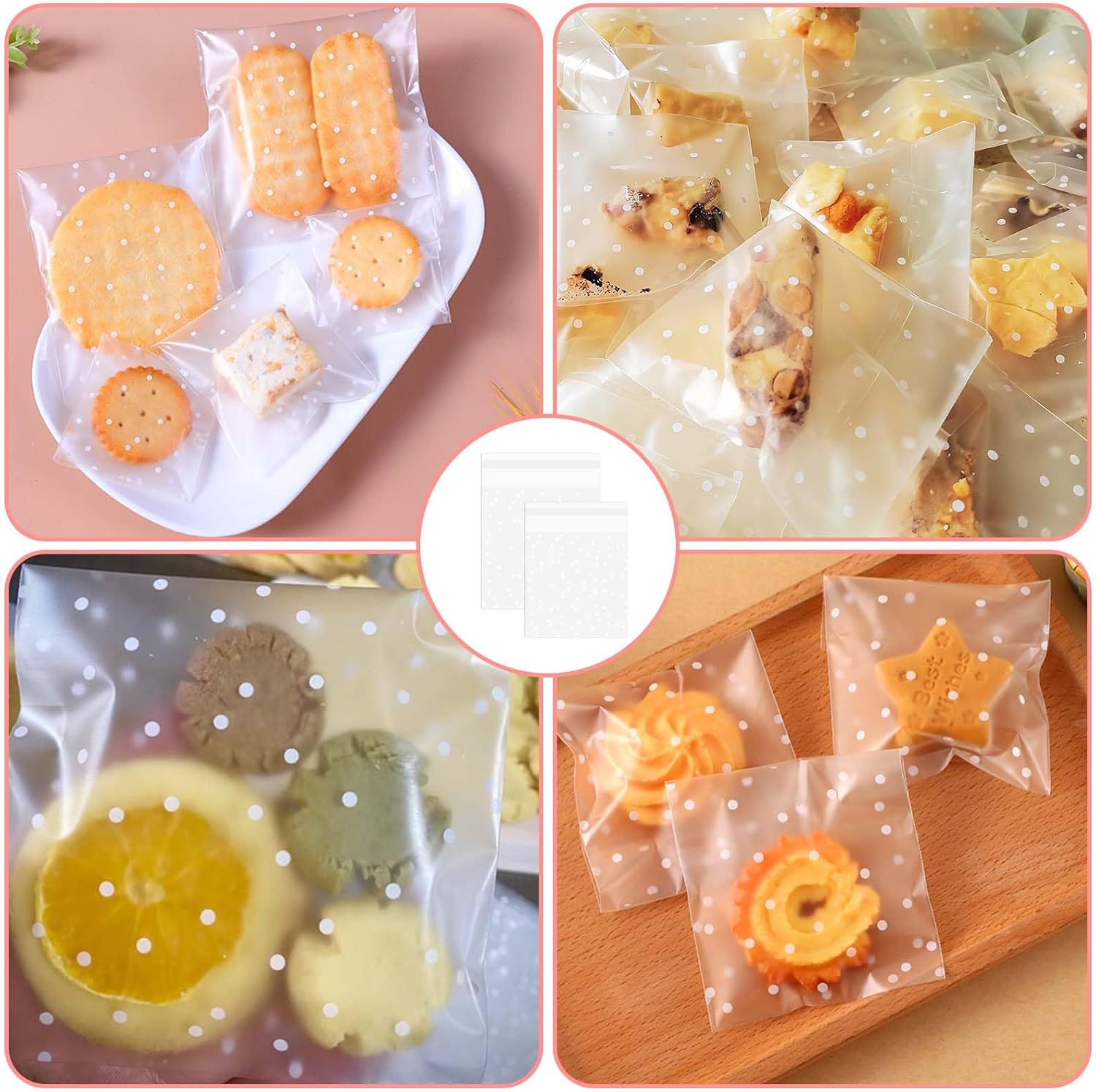 Cellophane Bags, 200 PCs White Polka Dot Self-Seal Translucent Cookie Bags Clear Frosted Plastic Package for Food Cookie Chocolates Biscuit Candy (7 X 7+3cm, 10×10cm+3cm) - Image 6