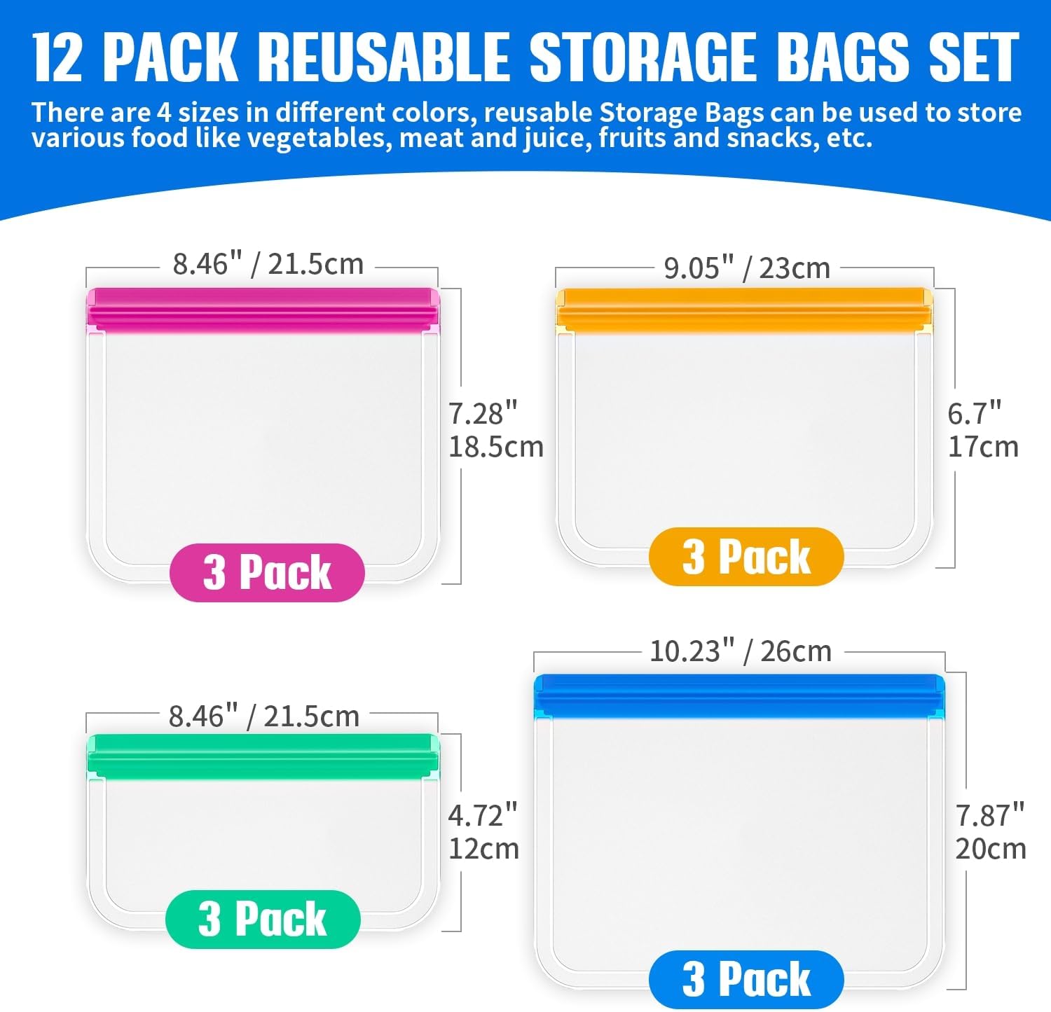 12 Pack Reusable Freezer Bags, BPA Free Food Bags Zip Seal For Keeping Lunch, Sandwich, Snacks, Fruit, Vegetables,Soup, Meat,Grains Fresh Clear Silicone Leakproof Food Storage Bags - 4 Sizes - Image 2