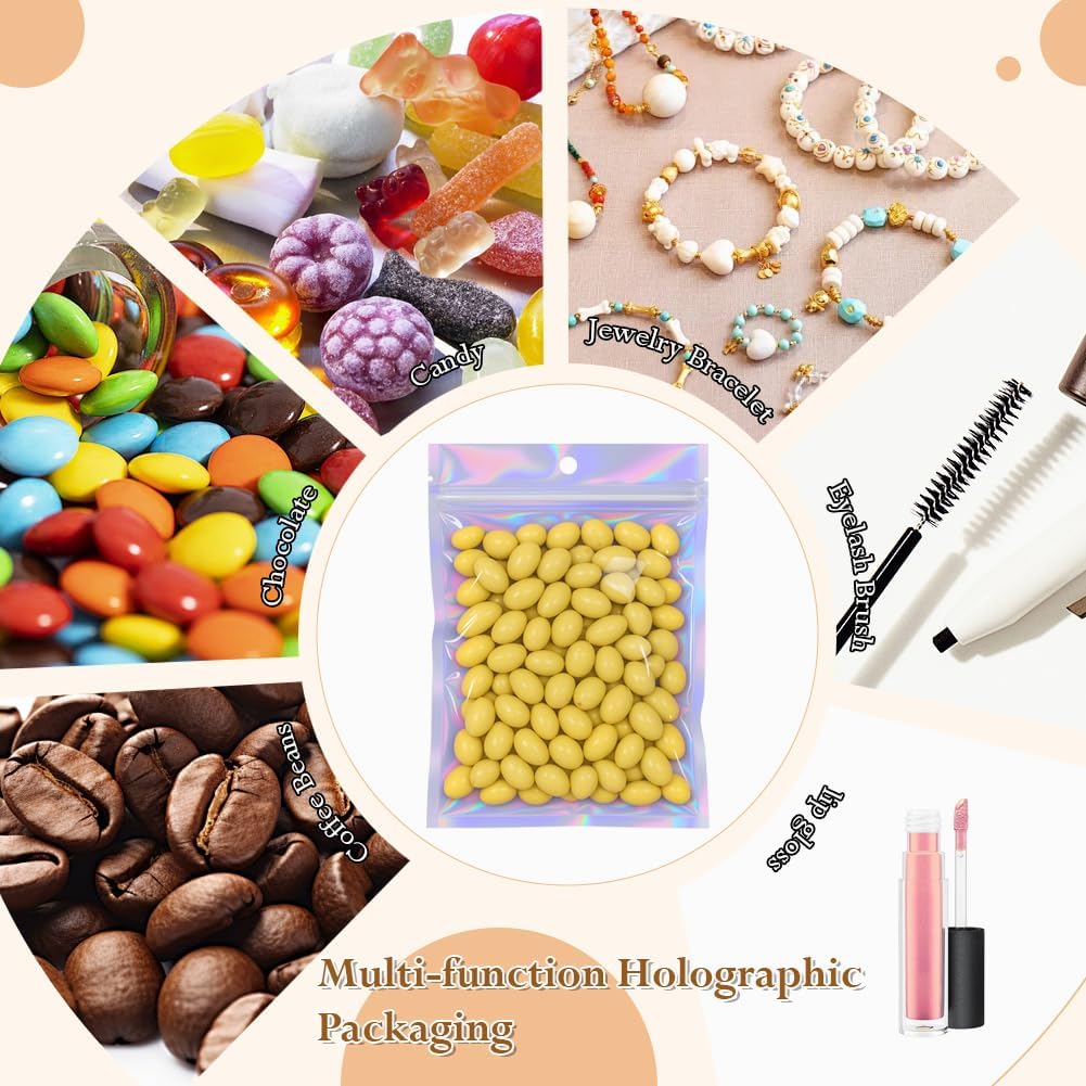 HRX Package Holographic Ziplock Bags, 14x20cm Sealable Mylar Sweet Pouch Foil Bags for Wax Melt Packaging Food Sample Bags(Pack of 50) - Image 5