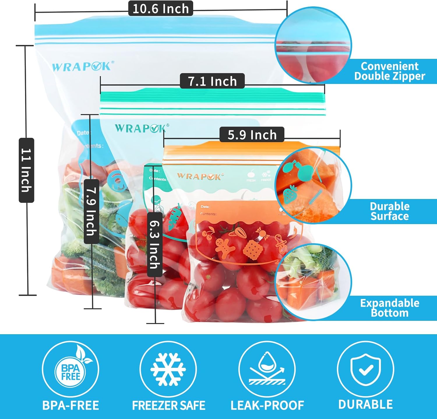 75 Pcs Zip Lock Freezer Bags Large Food Bag Plastic Ziplock Storage Reusable Sandwich Bag for Kitchen(3 Sizes) - Image 2