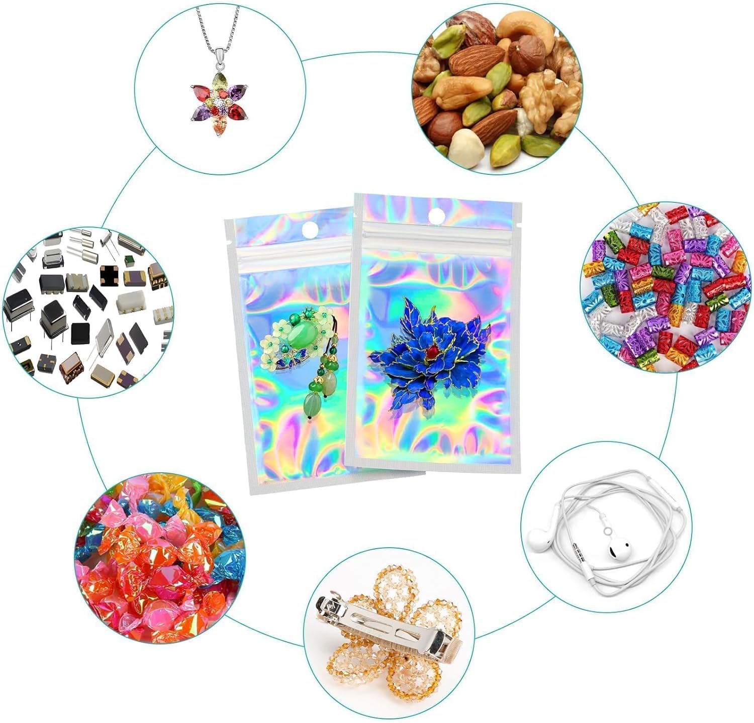 60 Pieces Mylar Holographic Foil Ziplock Pouches - 6x10cm Resealable Small Sweet Glossy Poly Zip Lock Food Storage for Candy, Jewelry, Packaging, Sample - Image 4