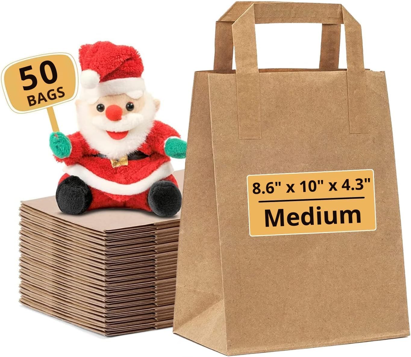 Paper Bags with Handles - 50 Medium Brown Paper Bags (W8.6" x H10" x D4.3") SOS Kraft Bags - Perfect for Lunch, Party, Gift, Storage, Packaging, Grocery, Takeaway, Shopping, Sandwich