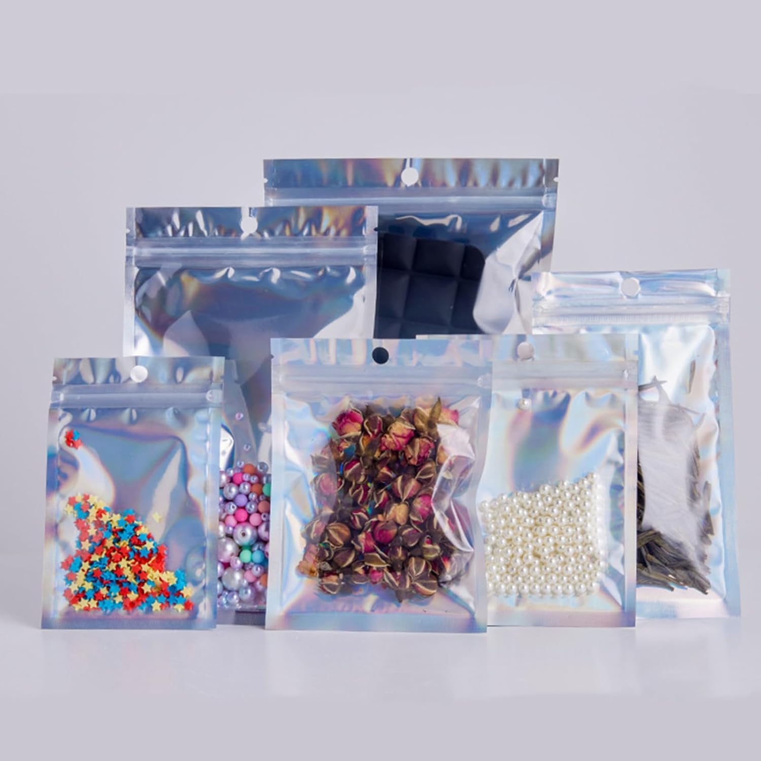 100pcs Holographic Bags 7x10cm, Foil Smell Proof Resealable Sweet Pouches, Small Plastic Bags for Lipgloss, Jewelry, Eyelash, Food Storage, Gift Grip Foil Ziplock Bags - Image 6
