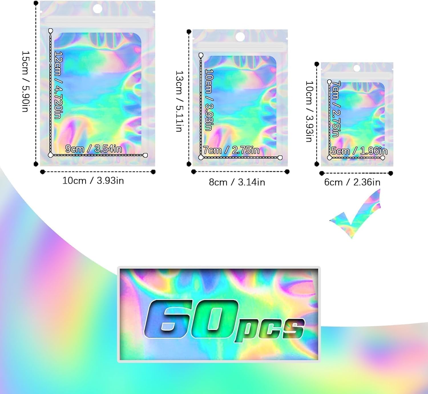 60 Pieces Mylar Holographic Foil Ziplock Pouches - 6x10cm Resealable Small Sweet Glossy Poly Zip Lock Food Storage for Candy, Jewelry, Packaging, Sample - Image 3