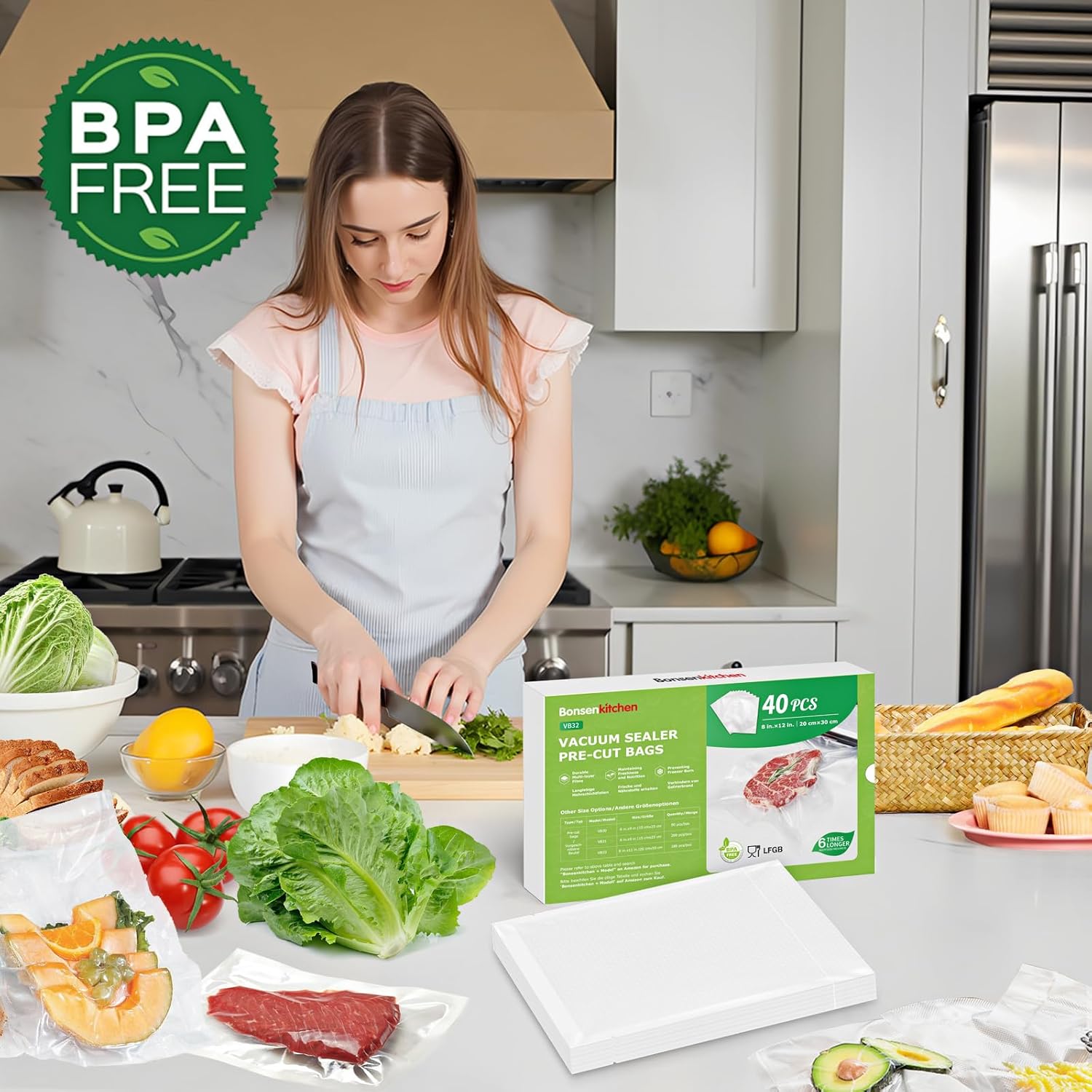 Bonsenkitchen Vacuum Sealer Bags, 40 Pcs 20 x 30 CM Precut Food Sealer Bags, Commercial Grade, BPA Free, Heavy Duty, Customized Size Vacuum Bags for Vac Storage, Meal Prep or Sous Vide Cooking, VB32 - Image 8