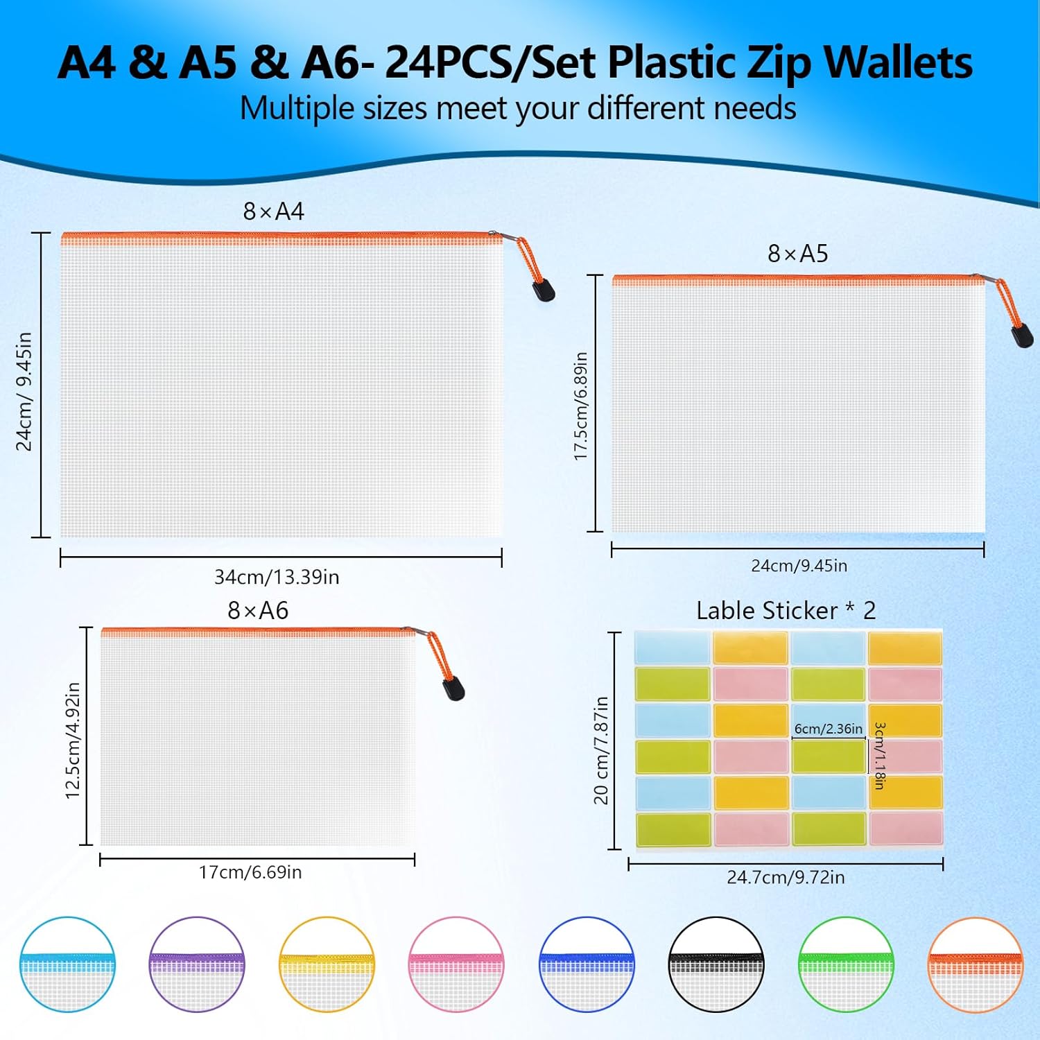 Plastic Wallets Folders Zip Lock Bags - 24PCS A4 Zip Wallets A5 Ziplock Bags Waterproof Document File Folders Plastic Pockets A6 Mesh Zipper Pouch Storage Bag for School, Office, Travel (8 Colours) - Image 2
