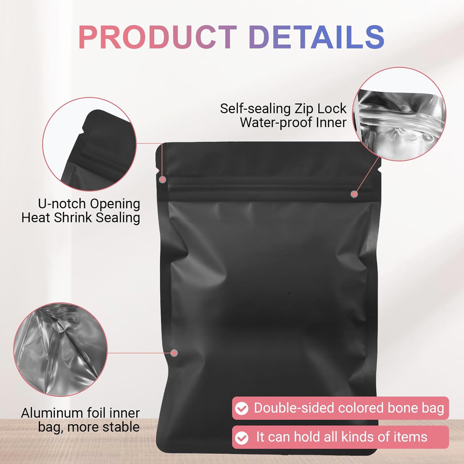 120 Pcs Mylar Bags 7x10 cm Smell Proof Bag Resealable Foil Ziplock Bags Black Grip Seal Packaging Baggies Self Sealing Sweet Pouches for Food Storage Coffee Cookies Candy Seed Jewelry Sample - Image 4