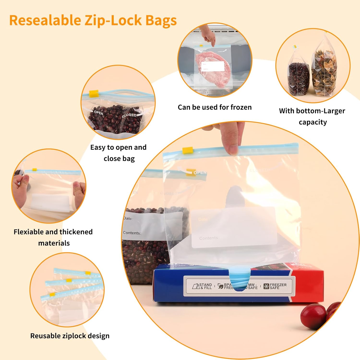 70PCS Zip Lock Food Storage Freezer Bags, TAIYUNWEI Reusable Sandwich Bags with Expandable Bottom-Freezer&Microwave Safe-Resealable for Sanwich, Fruit, Snack, Veggie, Grain, Meat (70PCS-3 Size(S/M/L)) - Image 3