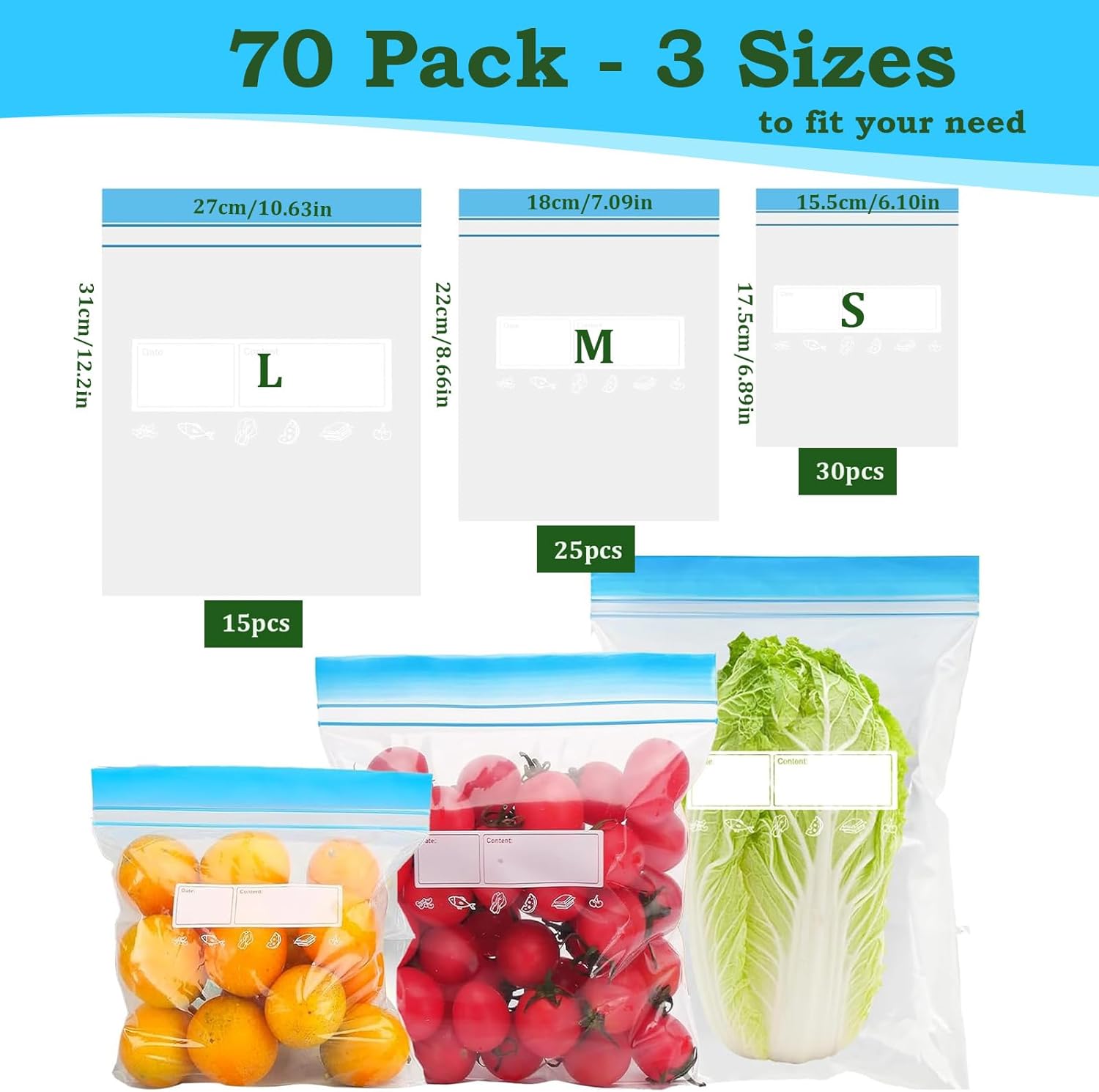 70P BPA-Free Ziplock Bags Zip Seal Waterproof Bags for Foods Storage,Reusable 3 Size Zip Lock Freezer Bagfor Sandwich Fruits Storage,Leakproof Ziplock Bag S,M &Large Heavy Duty Foods Bag Keep Fresh - Image 2