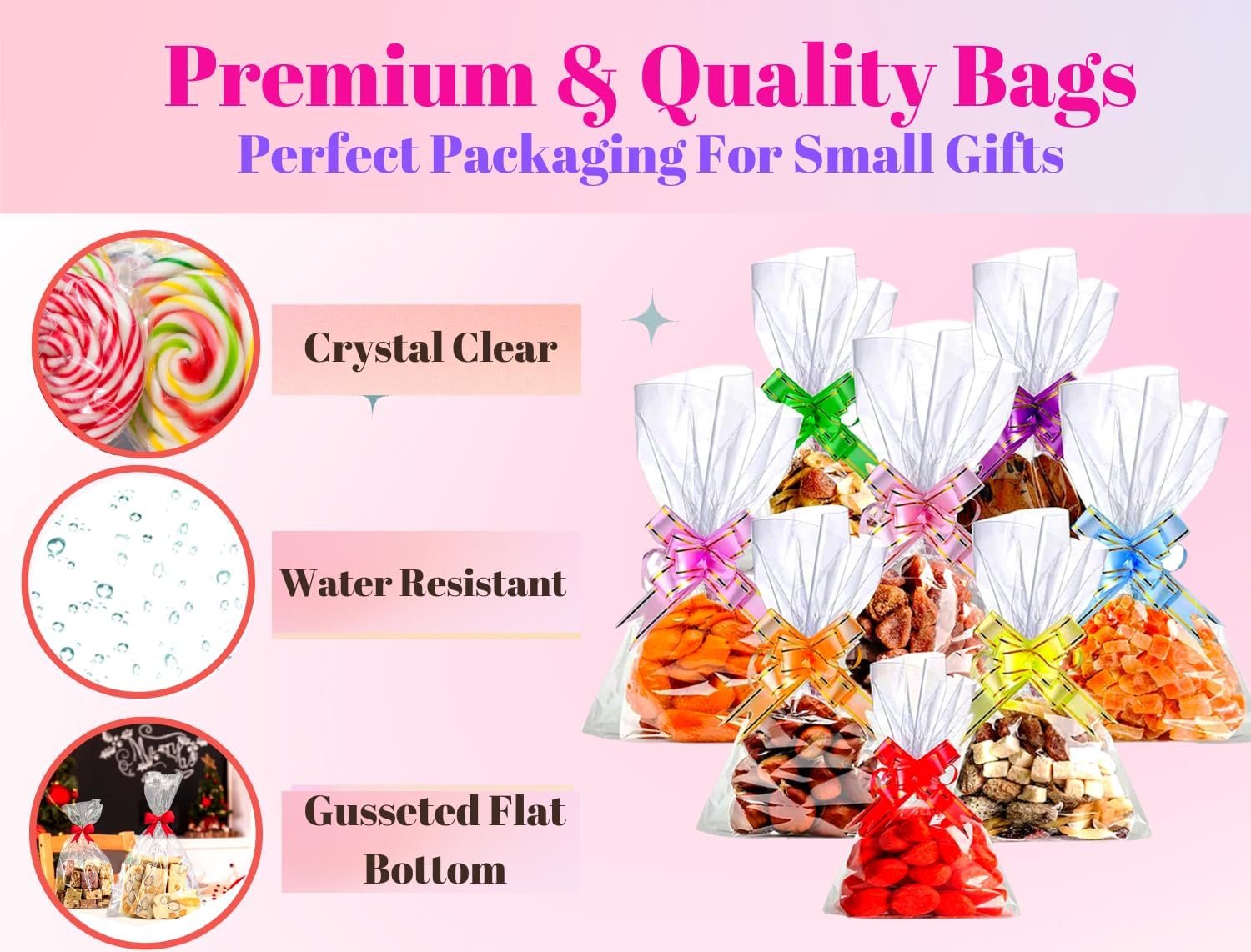 MAARA Small Cellophane Bags, Pack Of 80 (5"X7"/13X18cm) Clear Food Safe Sweet Bags, Flat Bottom Plastic Party Treat Bags With Pull Bows For Cookies, Biscuits, Clear Gift Bags - Image 3