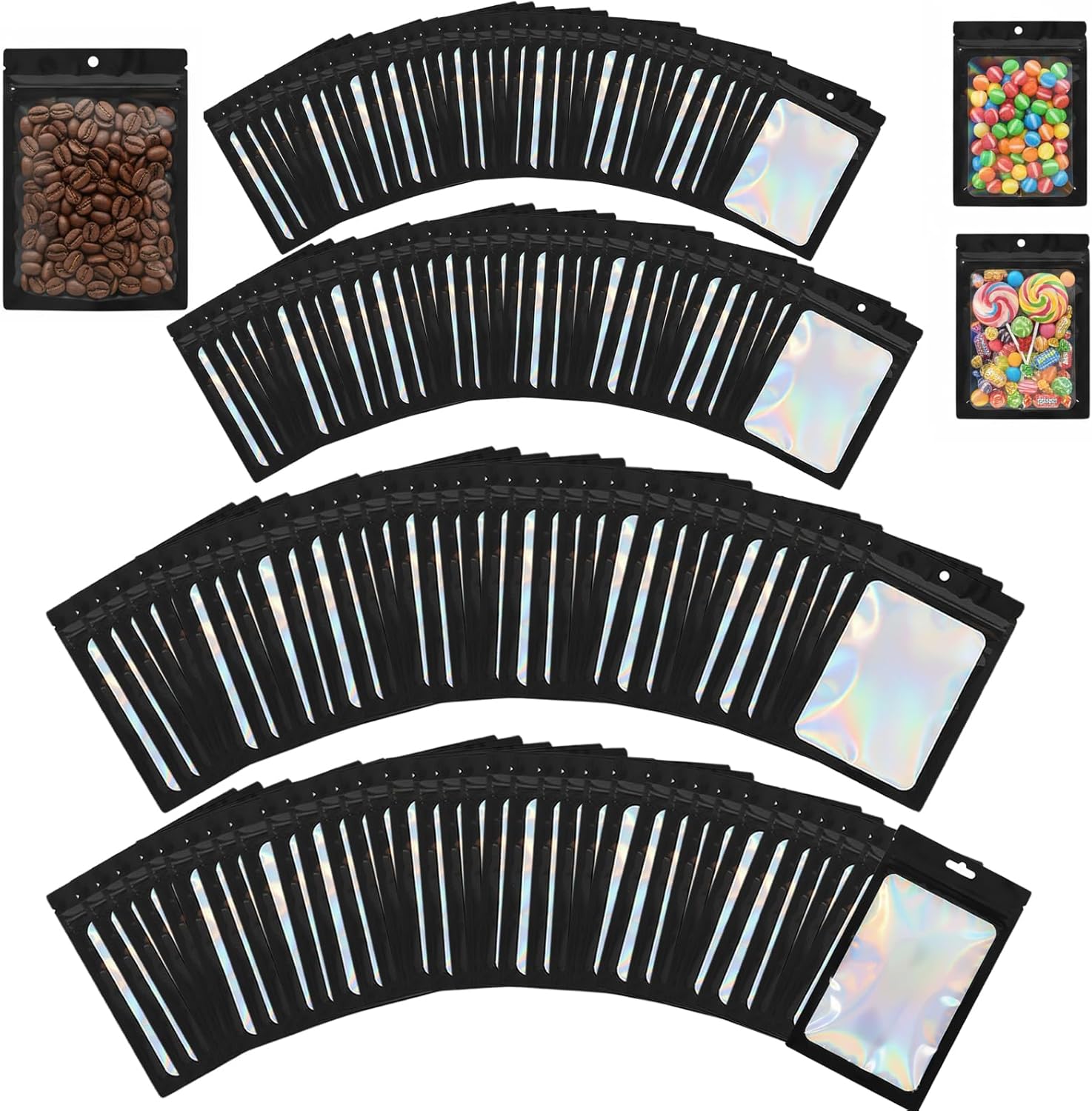 200 PCS Mylar Holographic Bags, 4 Sizes Plastic Smell Proof Resealable Foil Ziplock Bags, Small Black Packaging Storage Bag for Jewelry, Candy, Fishing Gear, Lip Gloss and Crafts Small Items