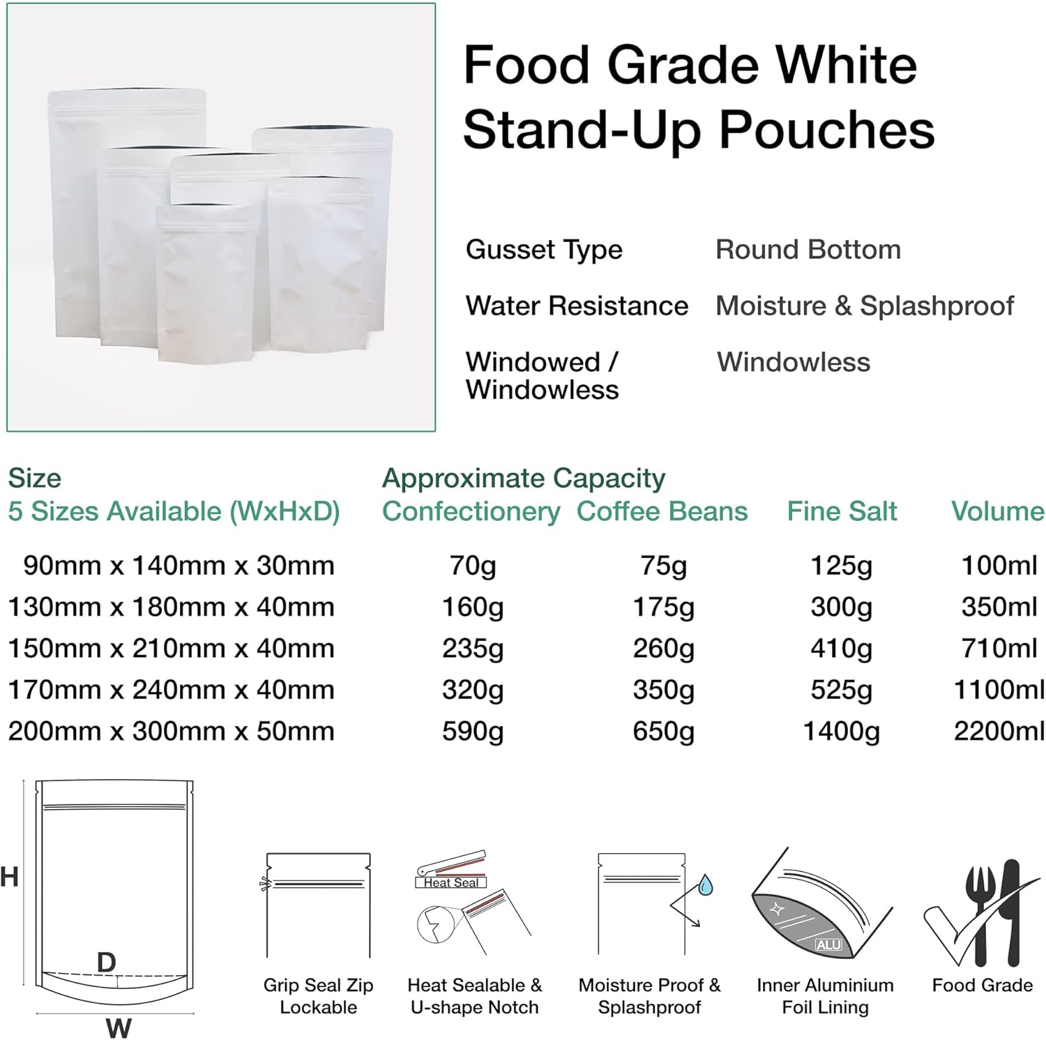 Evergreen Goods 50 White Kraft Stand-Up Paper Reusable Food Bags (130 x 180mm) | Pouches Foil Lined with Tear Notch Heat-Grip Sealable Ziplock | Perfect for Packaging Coffee Beans, Snacks & Sweets Etc - Image 4