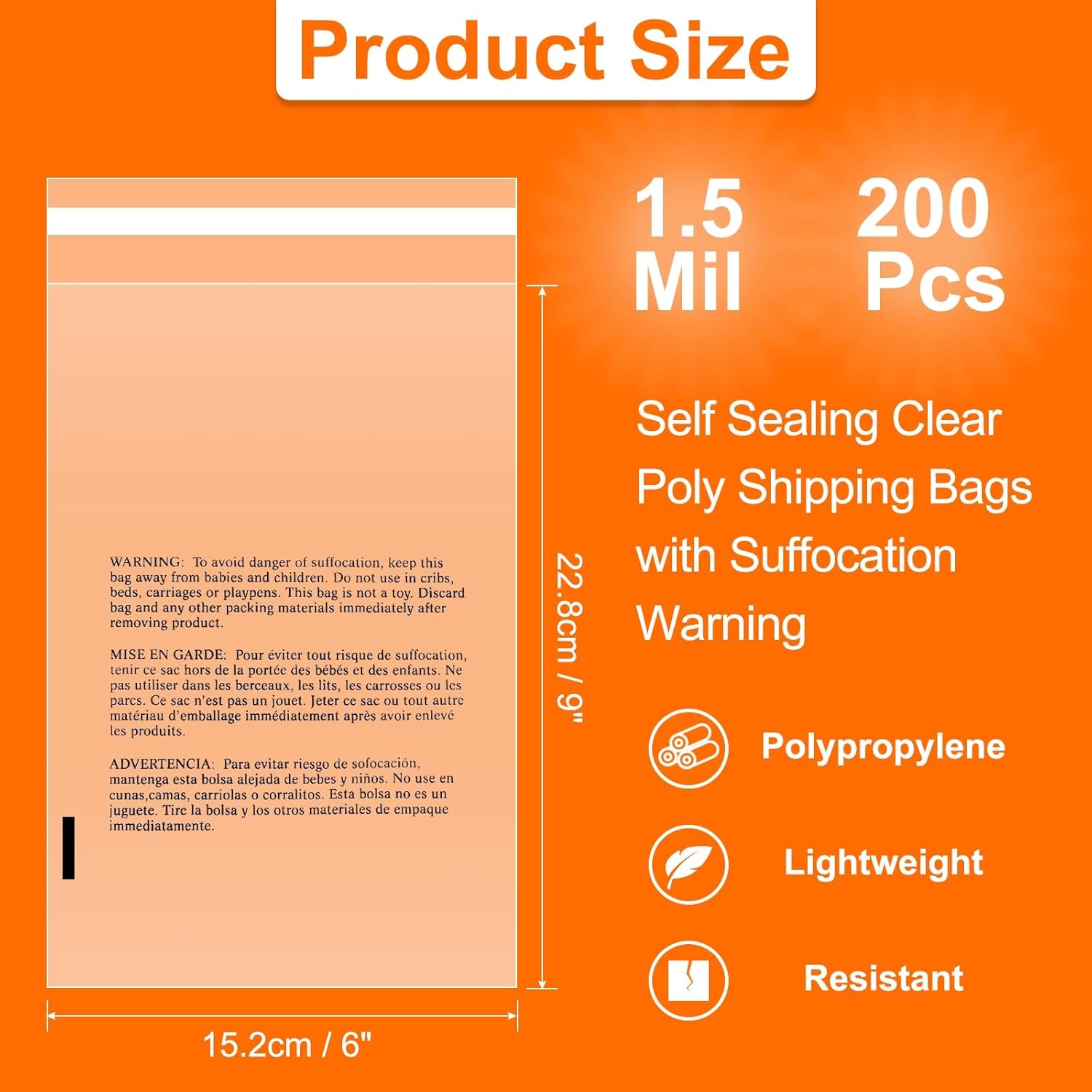 sourcing map 200pcs Self Sealing Clear Poly Bags with Suffocation Warning, 15.2x22.8cm Clear Poly Shipping Bags with Extra Strong Adhesive for Retail Supply Packaging - Image 2