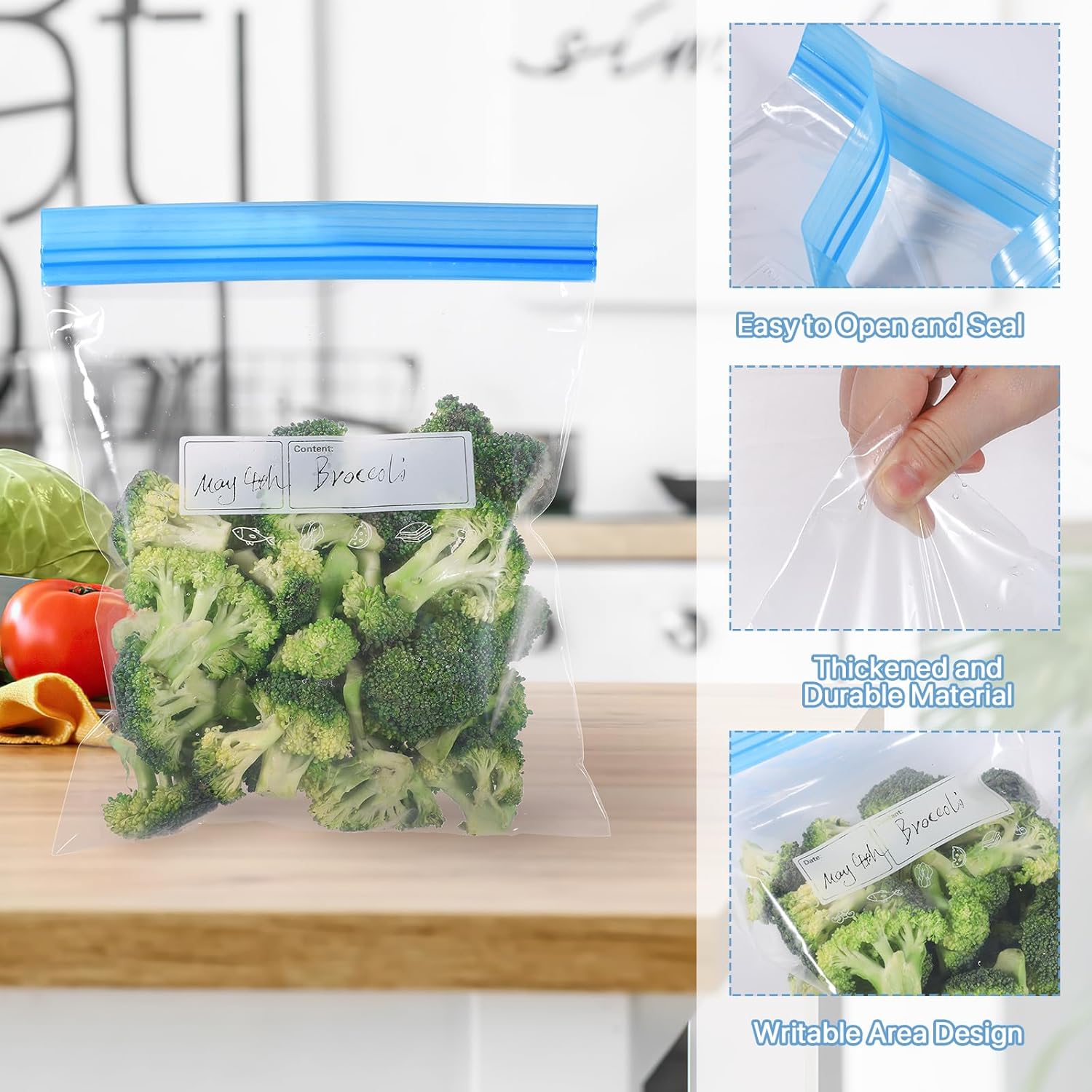 70 Pcs Freezer Bags, Ziplock Bags Food Reusable Sandwich Zip Seal BPA Free Lock Storage for Fruits, Meat, Grains, Vegetables, Candies (3 Sizes), Clear, 31*27cm - Image 3