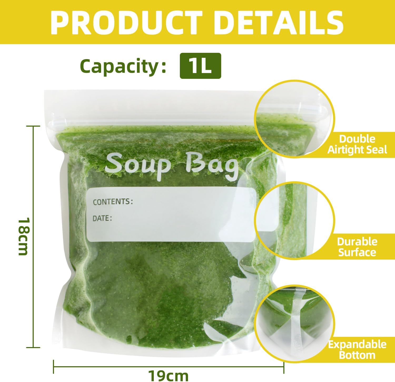 Soup Freezer Bags Reusable Liquid Storage Bag Ziplock Sauce Container Clear Sealed Bag, 1 Litre - Pack of 28 - Image 2
