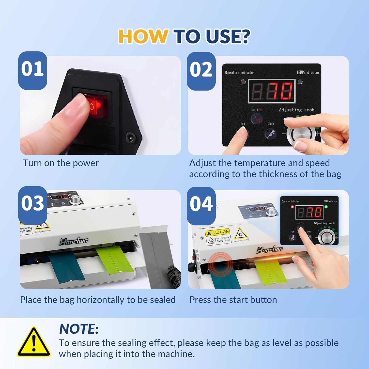 Hanchen Automatic Continuous Sealer 6m/min Continuous Band Sealing Machine Temp&Speed Adjustable, 300W Roller Heat Sealer for Plastic Bag Foil Bag Kraft Paper Bag (Without printing wheel) - Image 7