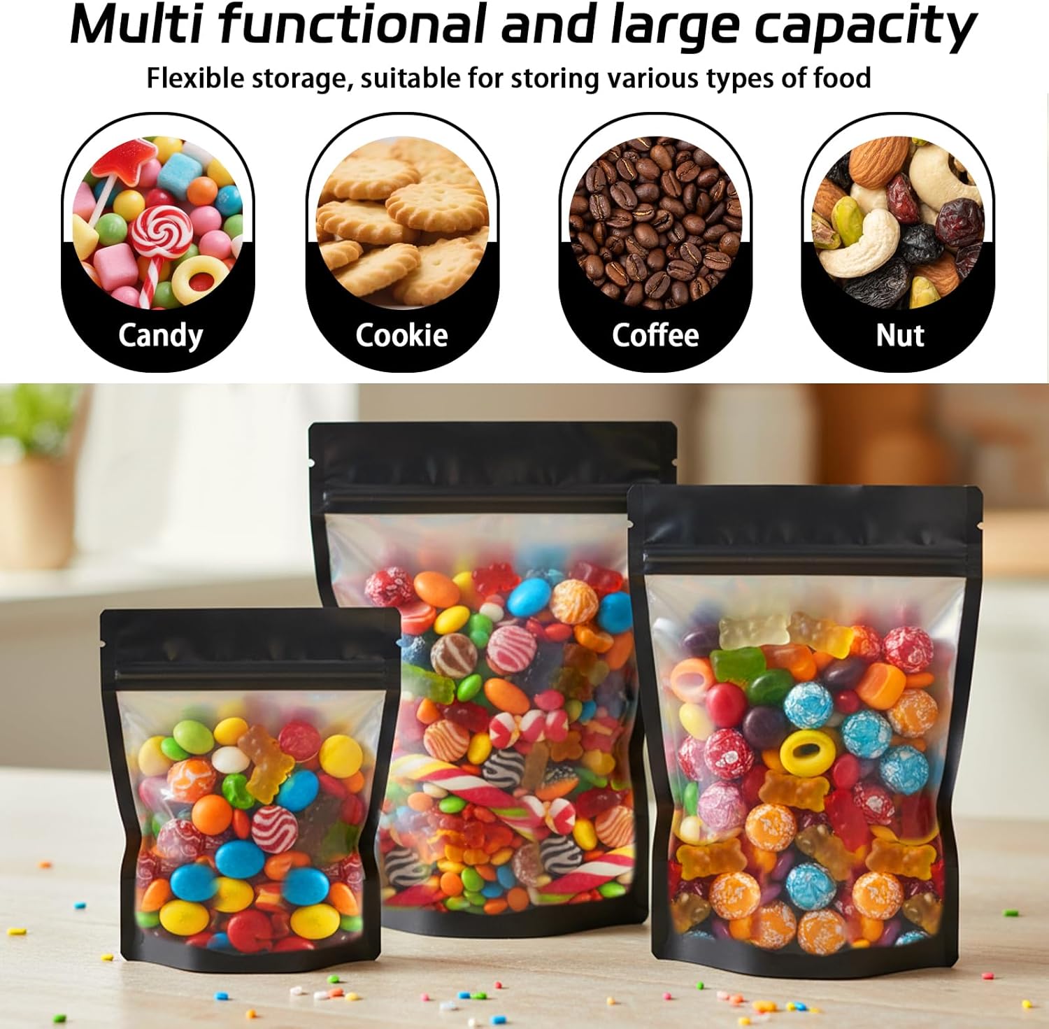 200 PCS Mylar Holographic Bags, 4 Sizes Plastic Smell Proof Resealable Foil Ziplock Bags, Small Black Packaging Storage Bag for Jewelry, Candy, Fishing Gear, Lip Gloss and Crafts Small Items - Image 4