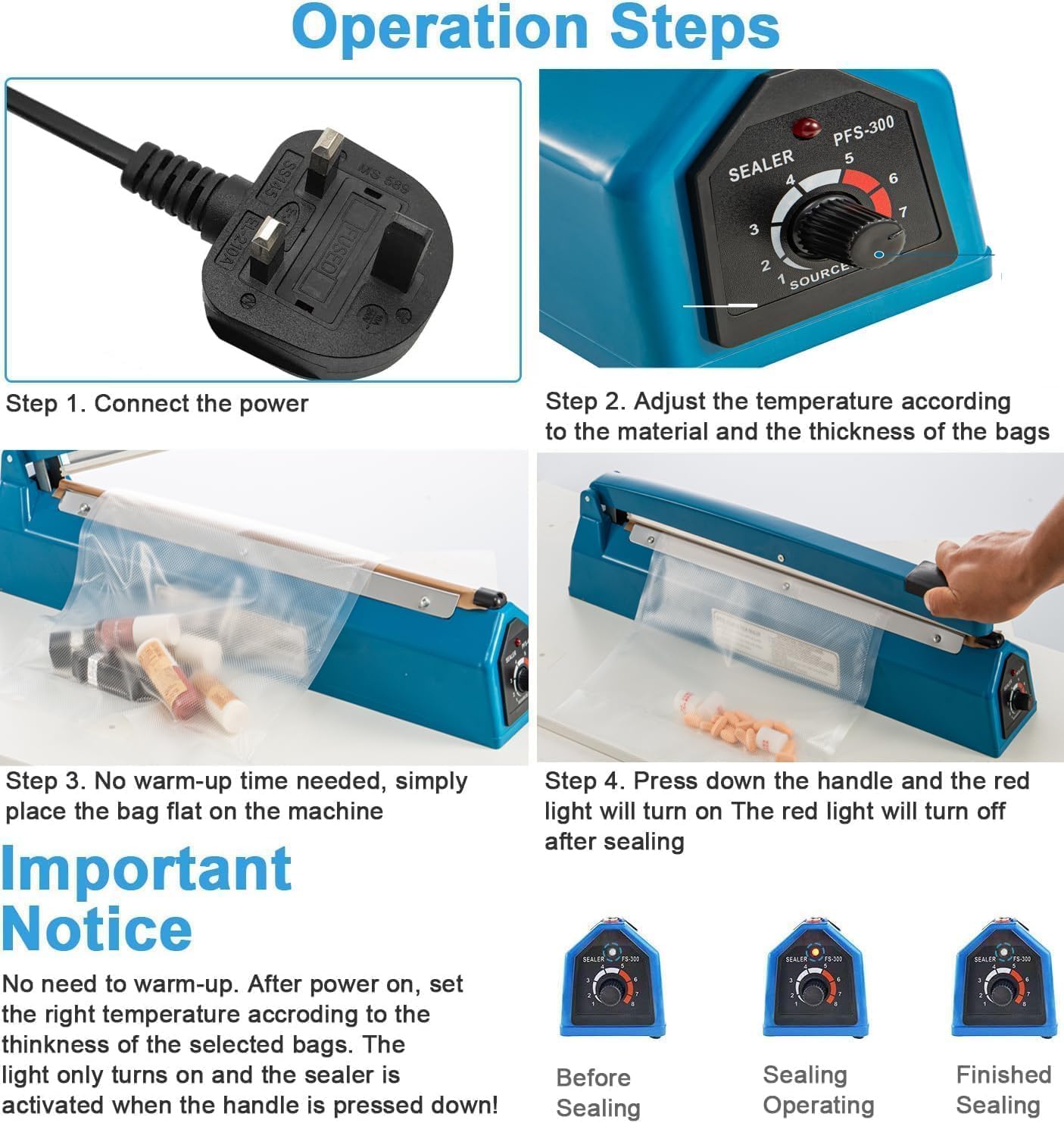 CROWNSHOP 300MM 12" Impulse Heat Sealer Portable Manual Food Film Sealing Machine Pressure Sealing Machine for Plastic Bag - Image 6