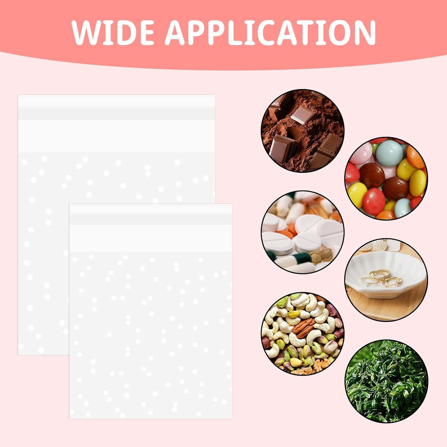 Cellophane Bags, 200 PCs White Polka Dot Self-Seal Translucent Cookie Bags Clear Frosted Plastic Package for Food Cookie Chocolates Biscuit Candy (7 X 7+3cm, 10×10cm+3cm) - Image 7