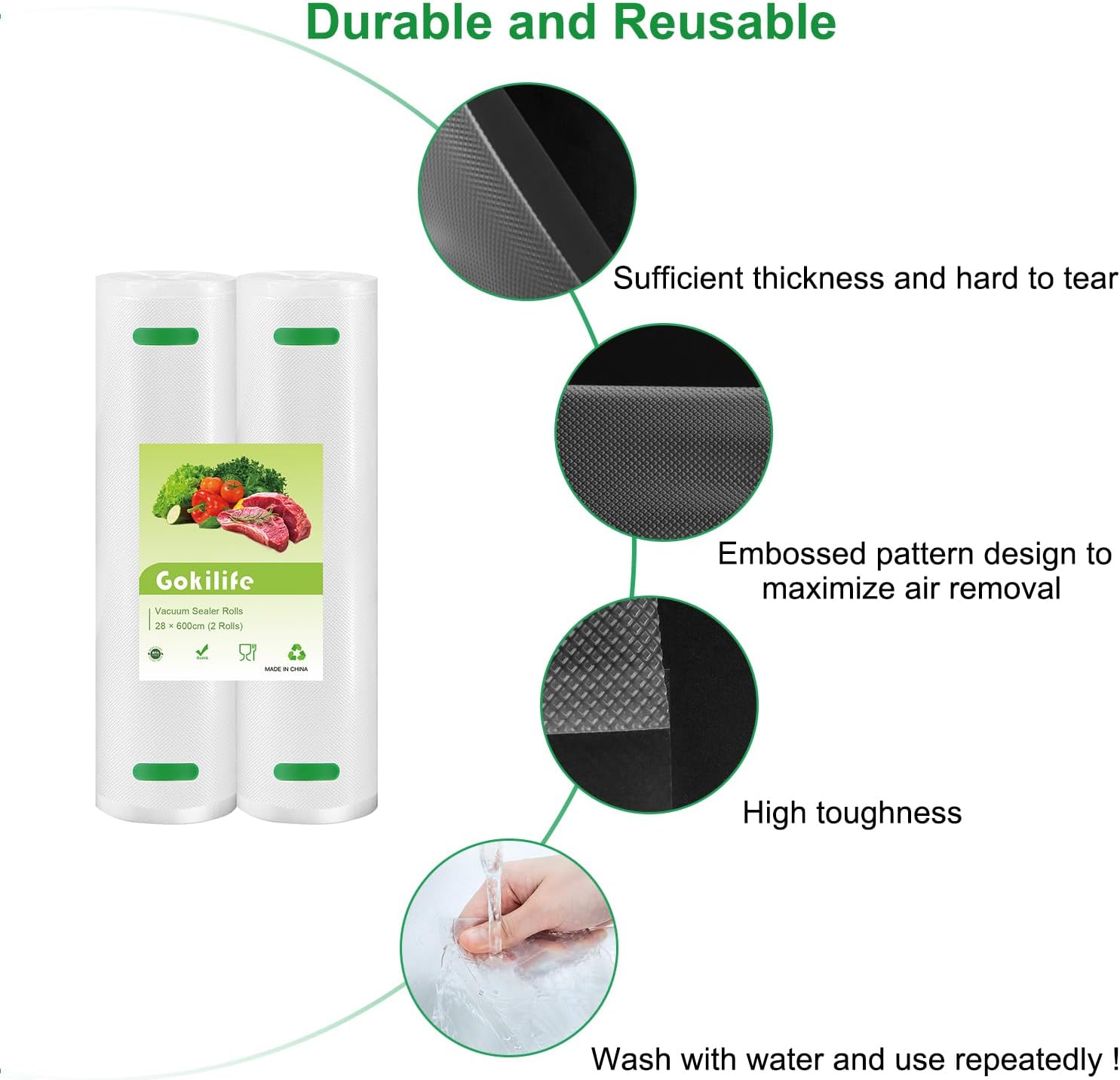 Gokilife Vacuum Sealer Bags Rolls - 2 Rolls 28 x 600 cm Sous Vide Bags, BPA Free, Durable Commercial Customized Size Food Bags for Food Storage and Sous Vide Cooking - Image 6