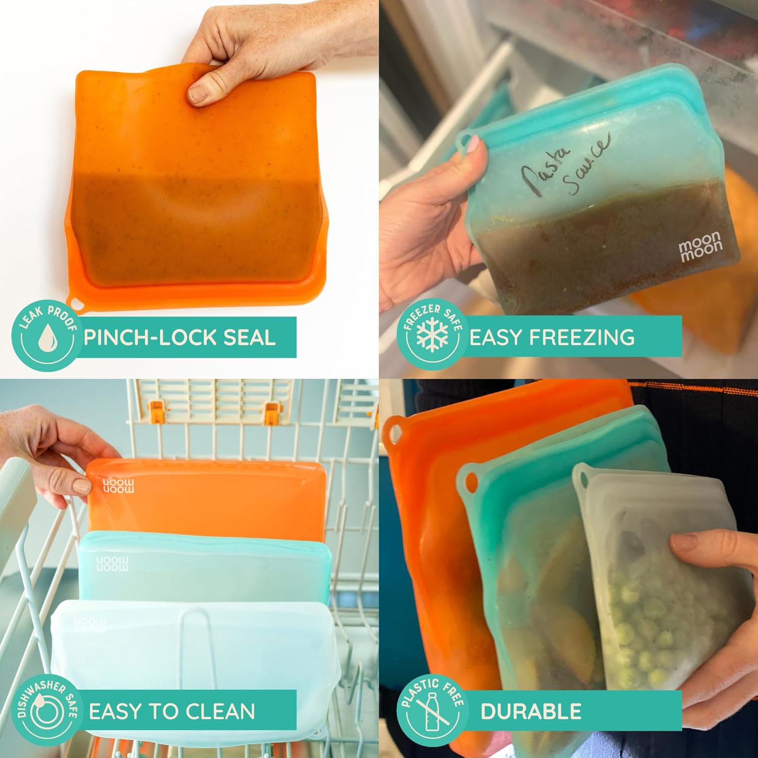 Moonmoon Reusable Silicone Freezer Bags | Leakproof Fridge & Freezer Storage | Resealable Food Bags for Sandwiches, Snacks & Soup (Set of 3). Plastic Free. - Image 3