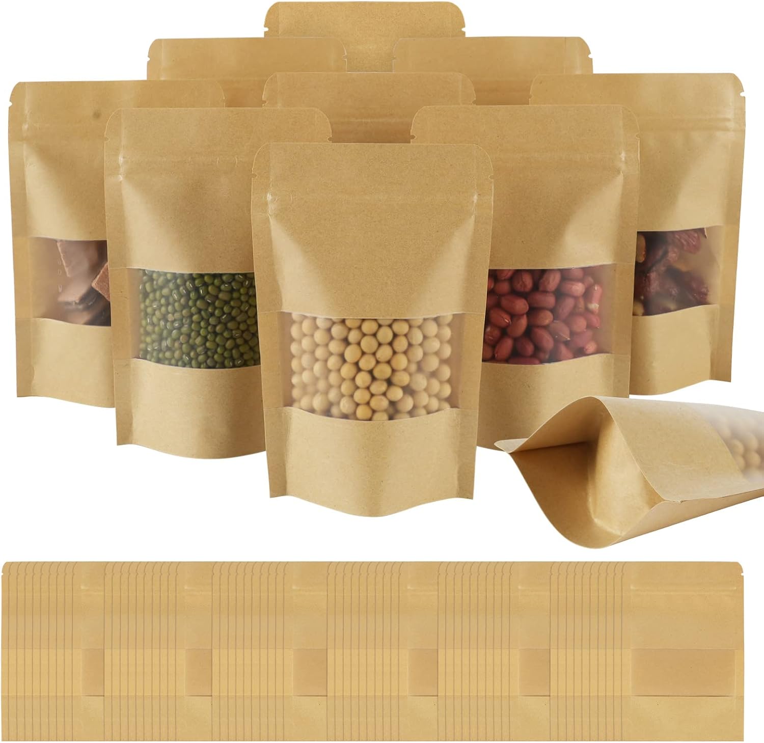 AUAUY 100 Reusable Brown Kraft Paper Stand Up Pouches with Window and Zipper Closure, 9*14cm/3.5*5.5inch, 100 Count, Sealed Paper Pouch with Reinforced Bottom, Ideal for Food Storage and Packaging