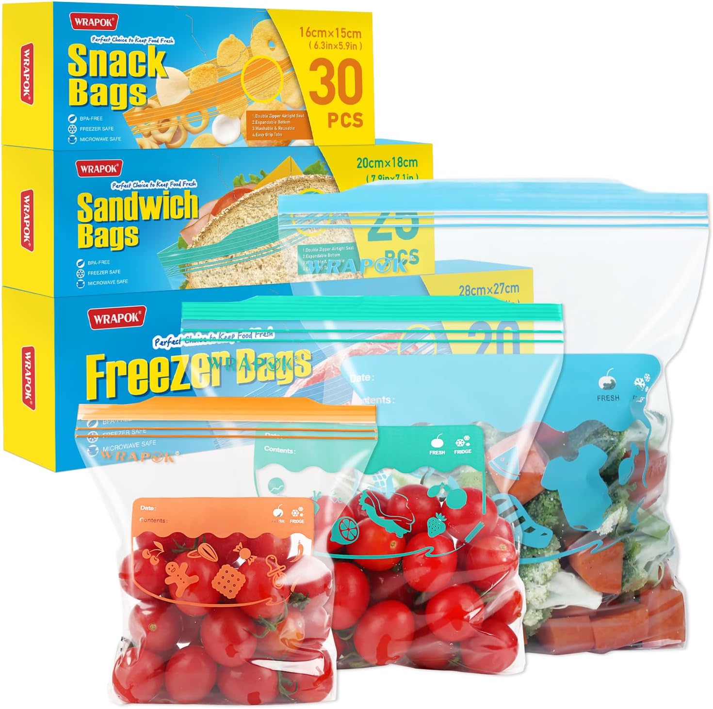 75 Pcs Zip Lock Freezer Bags Large Food Bag Plastic Ziplock Storage Reusable Sandwich Bag for Kitchen(3 Sizes)