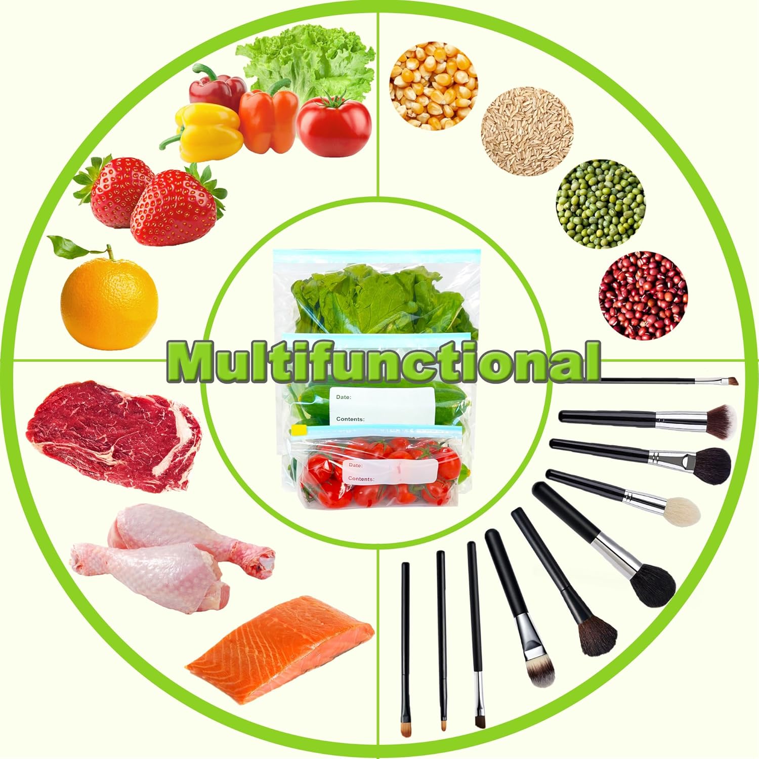 100 Pcs Food Storage Freezer Bags, 3 Sizes Zip Lock Bags(4.55L, 2.27L, 1L), VAKOWOO Reusable Ziplock Sandwich Bag with Expandable Bottom, Zip Seal Food Bag for Fruits, Vegetables, Meat, Grains, Snacks - Image 6