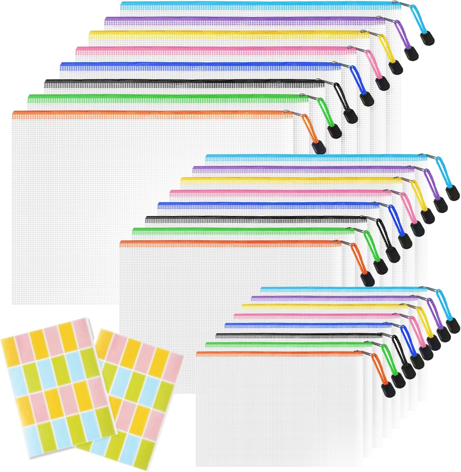 Plastic Wallets Folders Zip Lock Bags - 24PCS A4 Zip Wallets A5 Ziplock Bags Waterproof Document File Folders Plastic Pockets A6 Mesh Zipper Pouch Storage Bag for School, Office, Travel (8 Colours)