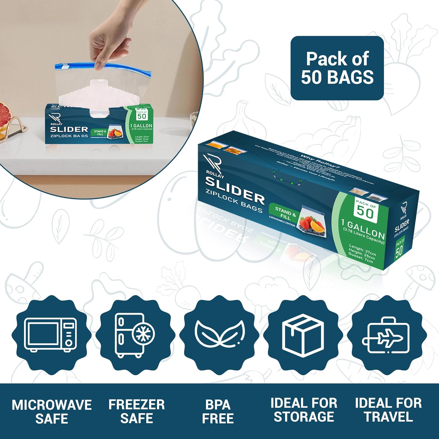 50 Slider Ziplock Bags – 1 Gallon(3.78L) Food Storage Bags – Stand & Fill with Expandable Bottom – Resealable, Freezer Safe, Microwave Ready – Great for Fruits, Veggies & Leftovers - Image 3
