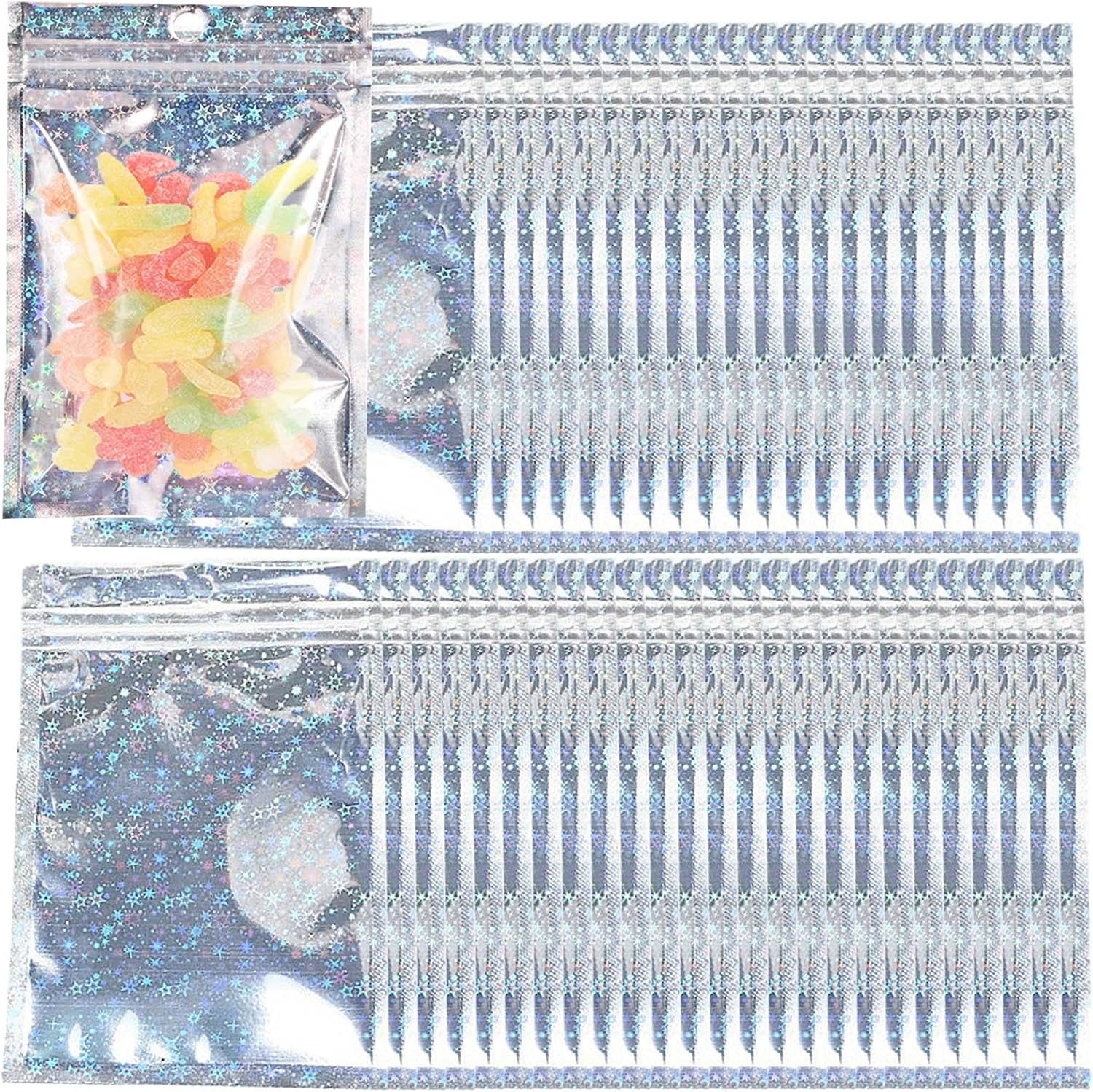 50 PCS Holographic Packaging Bags, Wax Melt Bags Sweet Packaging Jewellery Mylar Bag Foil Pouch Self Sealing Storage Foil Ziplock Bag Cookie Mylar Pouches for Candy Food (7 * 10cm/2.8 * 3.9inch)