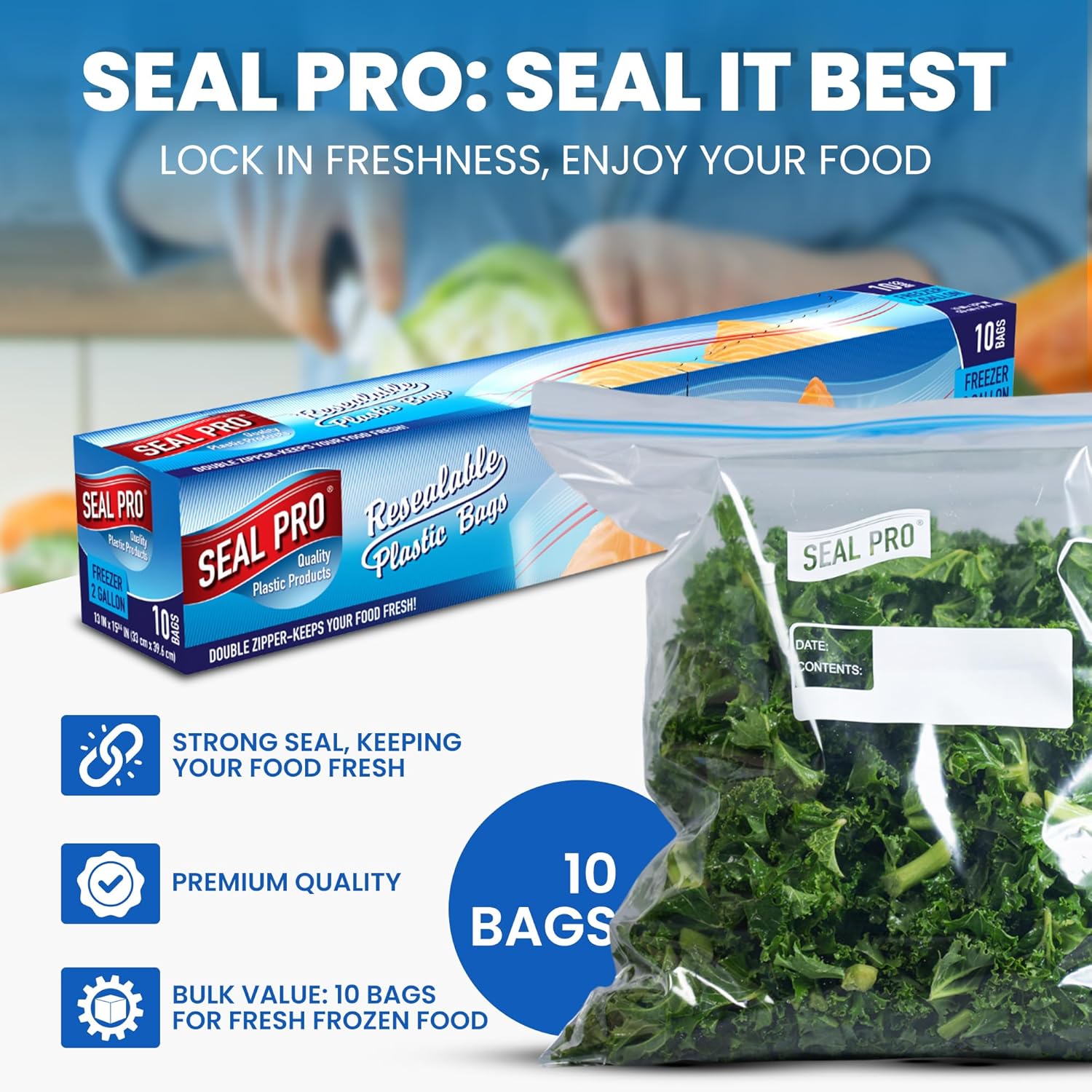 Large Freezer Bags Pack of 10 – Freezer Plastic Food Bag with Zip Seal - Easy Opening Resealable Airtight Food Bags - Ideal for Meal Prep Travel & Organization –13 x 15.5 Inches - Image 5