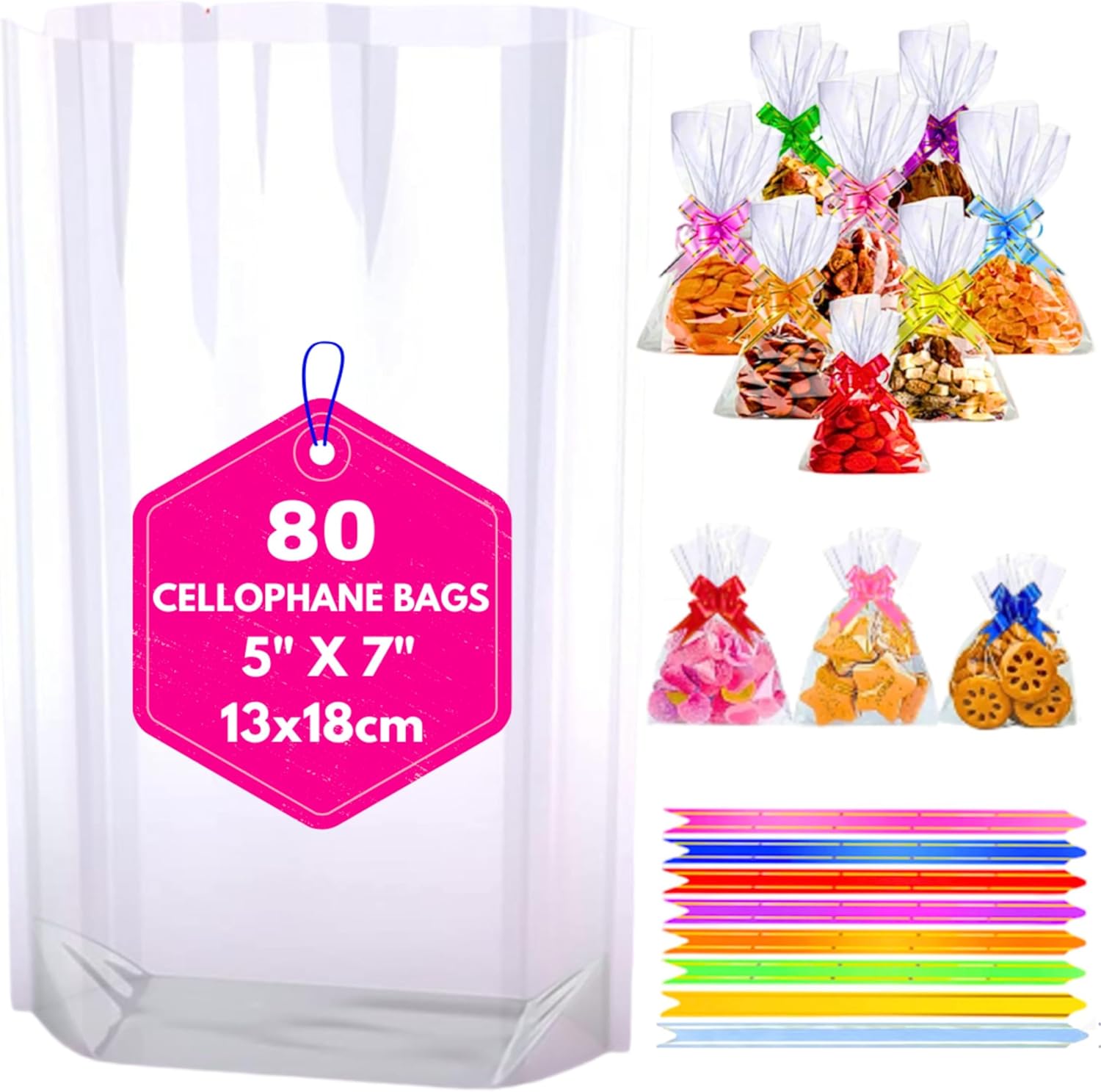 MAARA Small Cellophane Bags, Pack Of 80 (5"X7"/13X18cm) Clear Food Safe Sweet Bags, Flat Bottom Plastic Party Treat Bags With Pull Bows For Cookies, Biscuits, Clear Gift Bags
