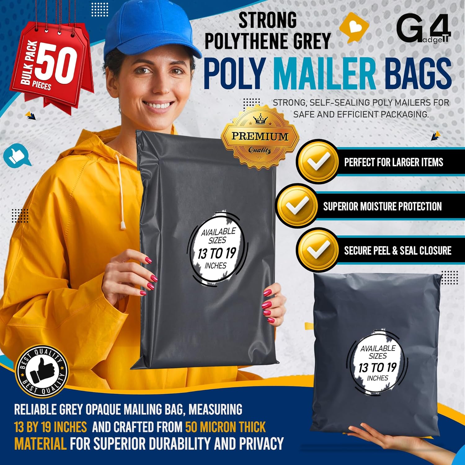 G4GADGET 50x Grey Mailing Bags 13x19 Inch | Heavy Duty Postage Bags for Parcels | Self Seal Waterproof Plastic Shipping Bags for Vinted Clothes & Packaging - Image 2