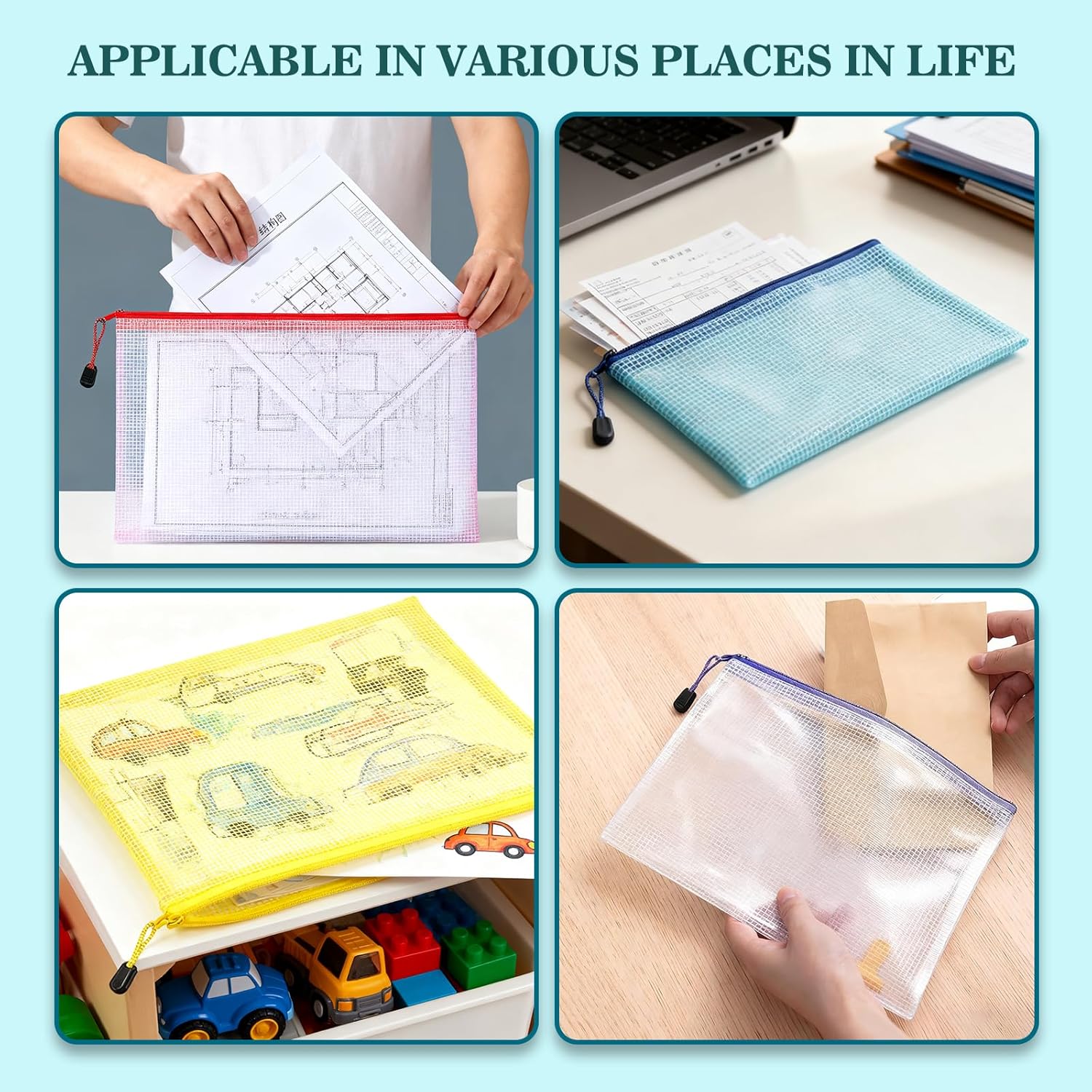 Plastic Zip Wallets, 22 Pcs Mesh Zipper File Folders - 9 Different Sizes(A3,A4,A5,A6,B4,B5,B6,B8,Receipts), Waterproof Document Storage Bags, Coloured Waterproof Zip Bags for Toys, Office, School - Image 7