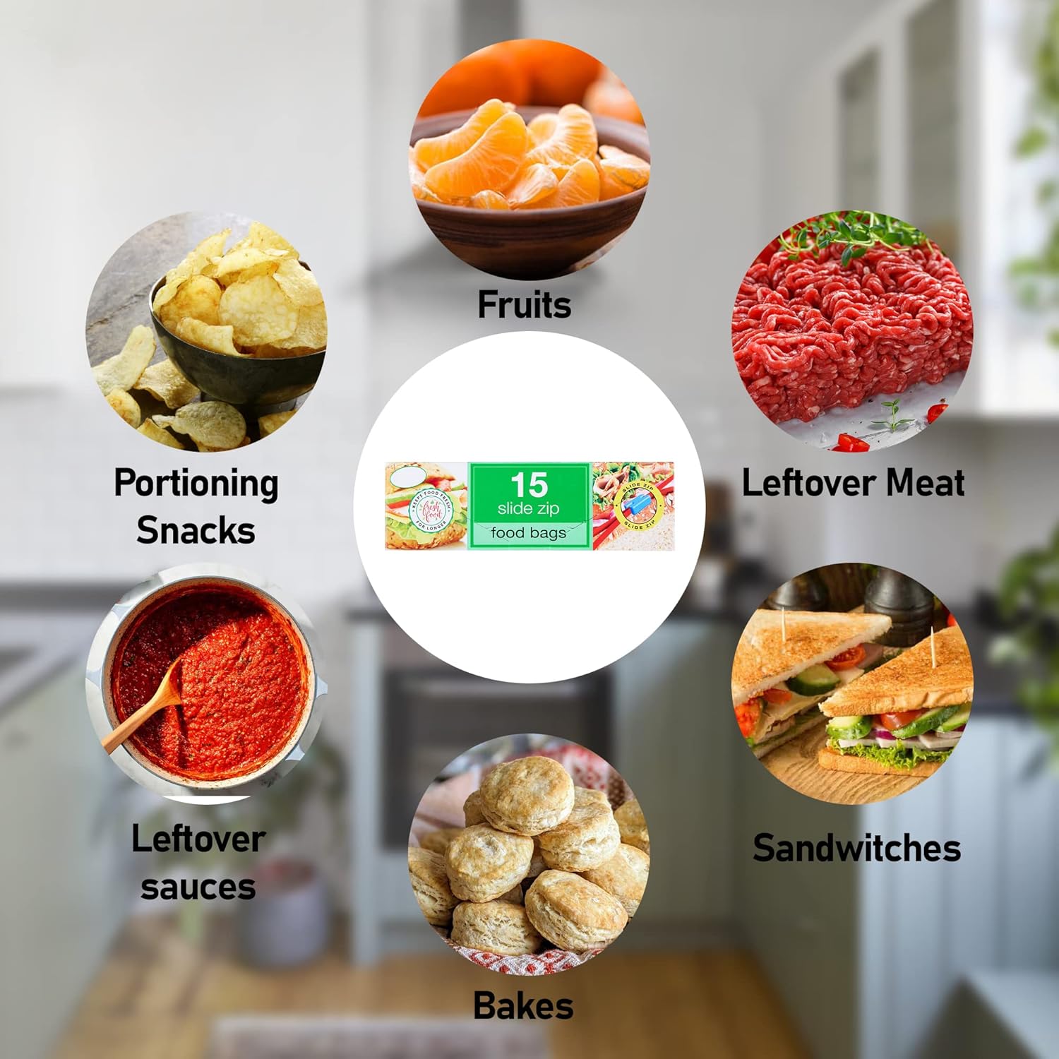 15 All Purpose Food Bags, 1L Resealable Sliding Zip Bags, BPA free, Tight Seal, Perfect for Keeping Produce Fresh, Freezing, Transporting and Organisation (1 Pack) - Image 6