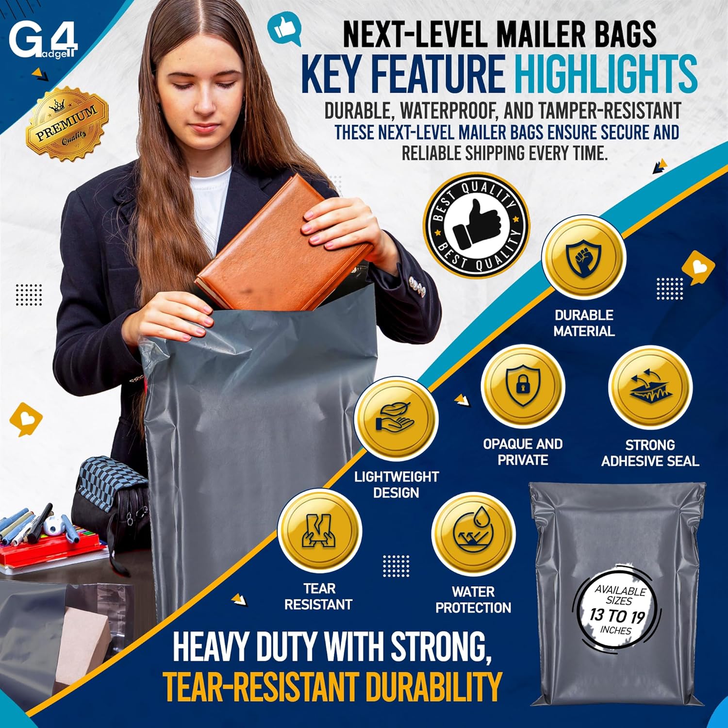 G4GADGET 50x Grey Mailing Bags 13x19 Inch | Heavy Duty Postage Bags for Parcels | Self Seal Waterproof Plastic Shipping Bags for Vinted Clothes & Packaging - Image 4