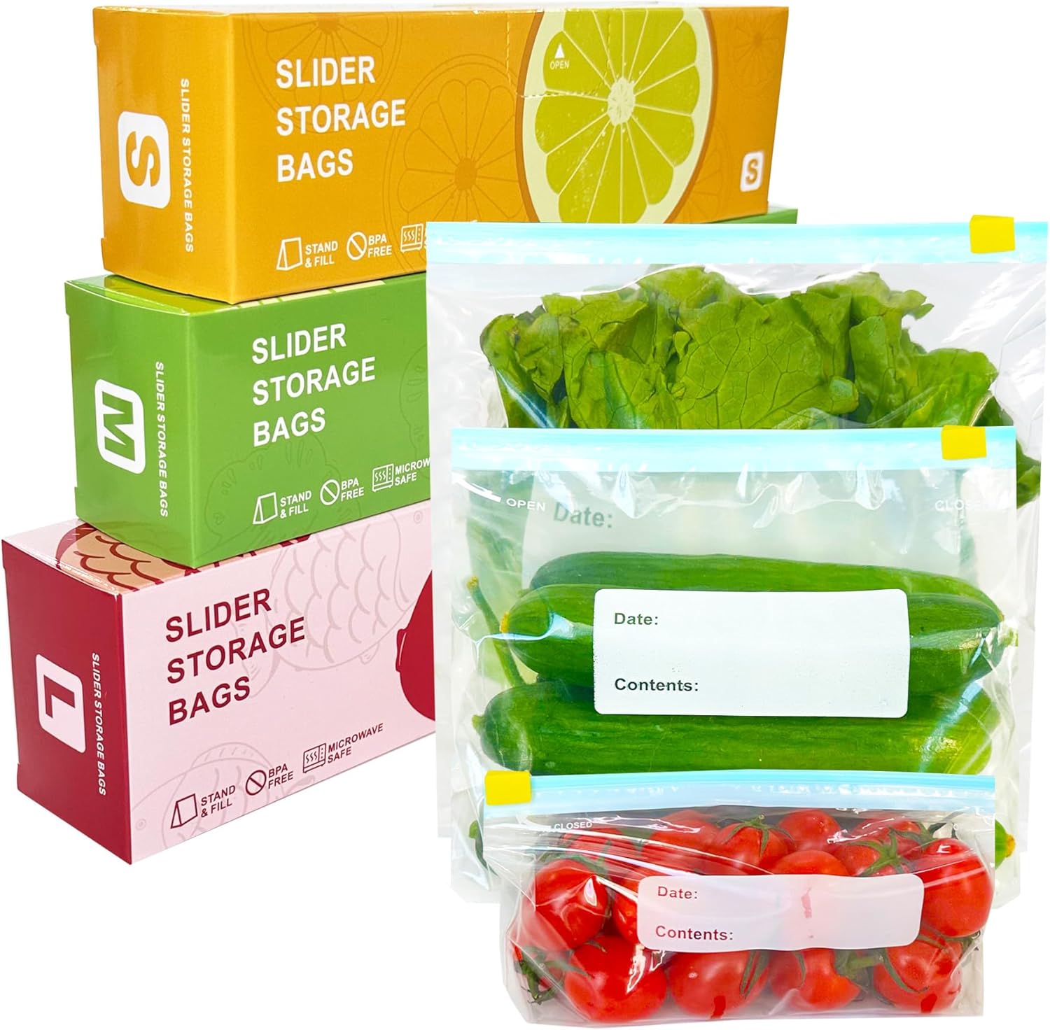 100 Pcs Food Storage Freezer Bags, 3 Sizes Zip Lock Bags(4.55L, 2.27L, 1L), VAKOWOO Reusable Ziplock Sandwich Bag with Expandable Bottom, Zip Seal Food Bag for Fruits, Vegetables, Meat, Grains, Snacks