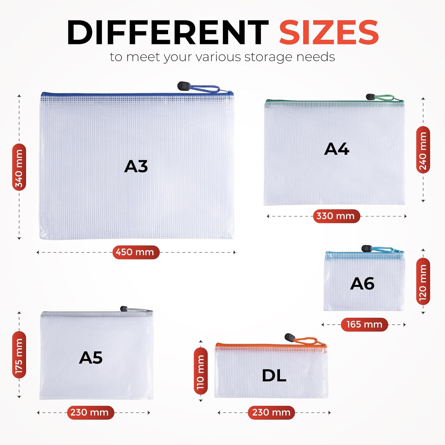 Pack of 10 A4 Assorted PVC Mesh Coloured Zip Bags - Mesh Zipper Pouch Document Bag - A4 Zipper File Bags for School & Office Supplies - Image 5