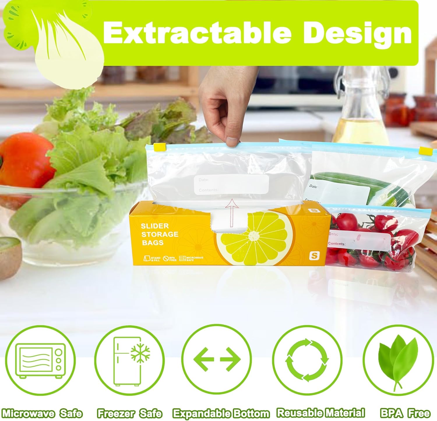 100 Pcs Food Storage Freezer Bags, 3 Sizes Zip Lock Bags(4.55L, 2.27L, 1L), VAKOWOO Reusable Ziplock Sandwich Bag with Expandable Bottom, Zip Seal Food Bag for Fruits, Vegetables, Meat, Grains, Snacks - Image 4