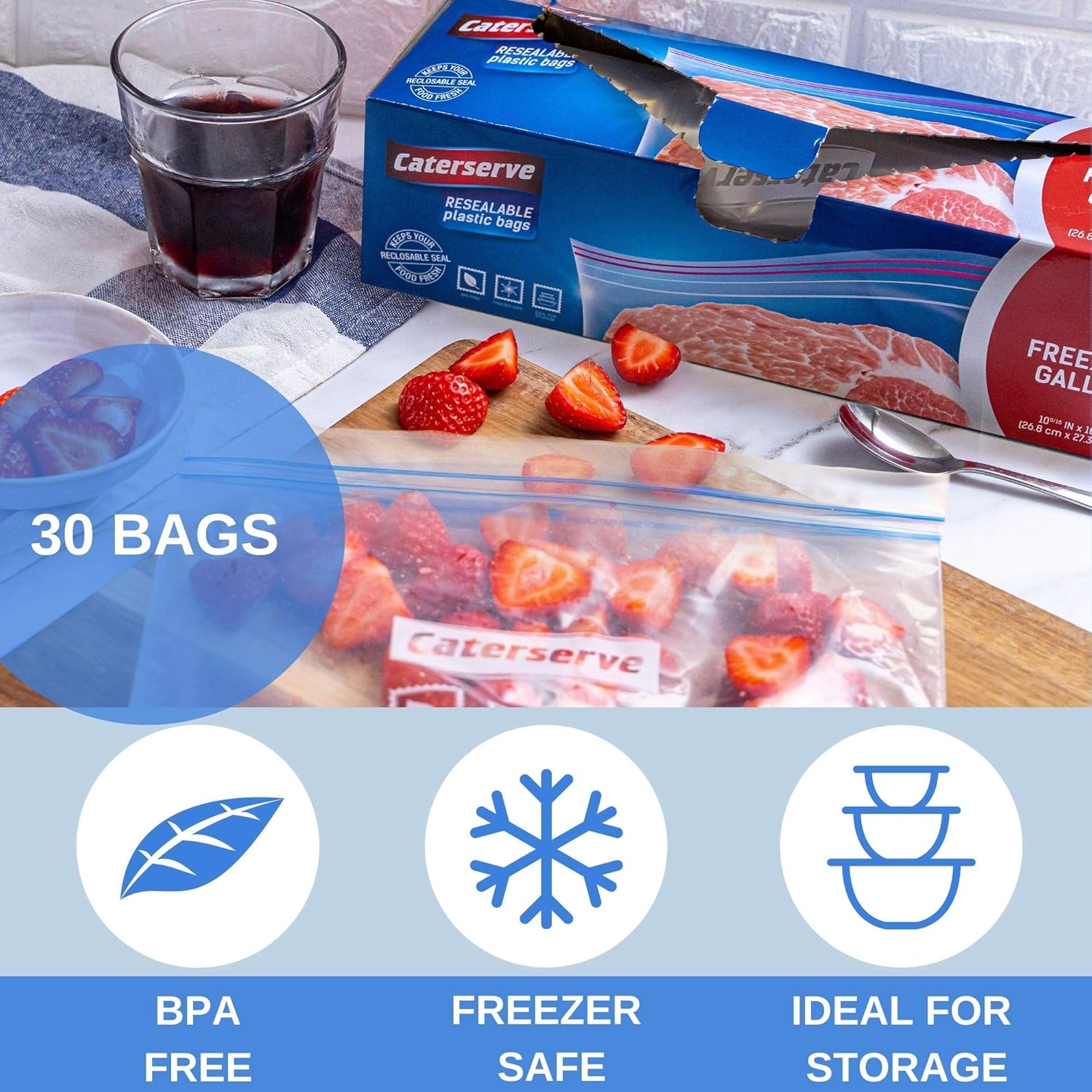 30 Ziplock Bags | Resealable Freezer Bags | 1 Gallon Capacity Zip Food Bags | Reusable Heavy Duty Grip Seal, Airtight Leakproof, BPA Free Plastic | By Caterserve - Image 3