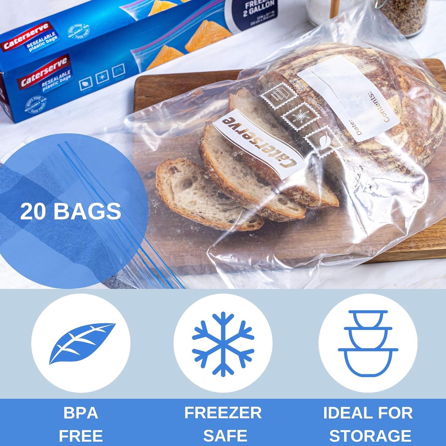 Caterserve Large Freezer Bags – Zip Storage Freezer Bags – 20 pcs Resealable Bags for Soup, Fruit, Veggies, Snacks – Reusable Airtight Leakproof Seal – Made of Non-BPA Plastic – 2-Gallon Capacity - Image 3