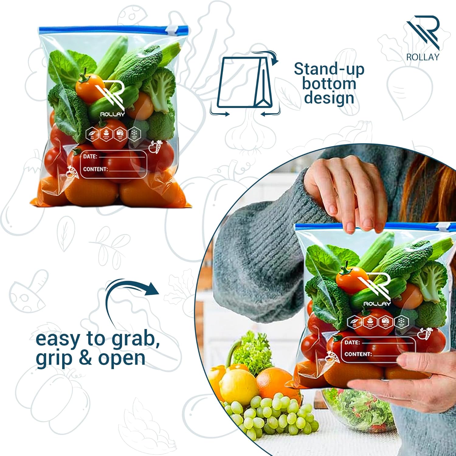 50 Slider Ziplock Bags – 1 Gallon(3.78L) Food Storage Bags – Stand & Fill with Expandable Bottom – Resealable, Freezer Safe, Microwave Ready – Great for Fruits, Veggies & Leftovers - Image 5