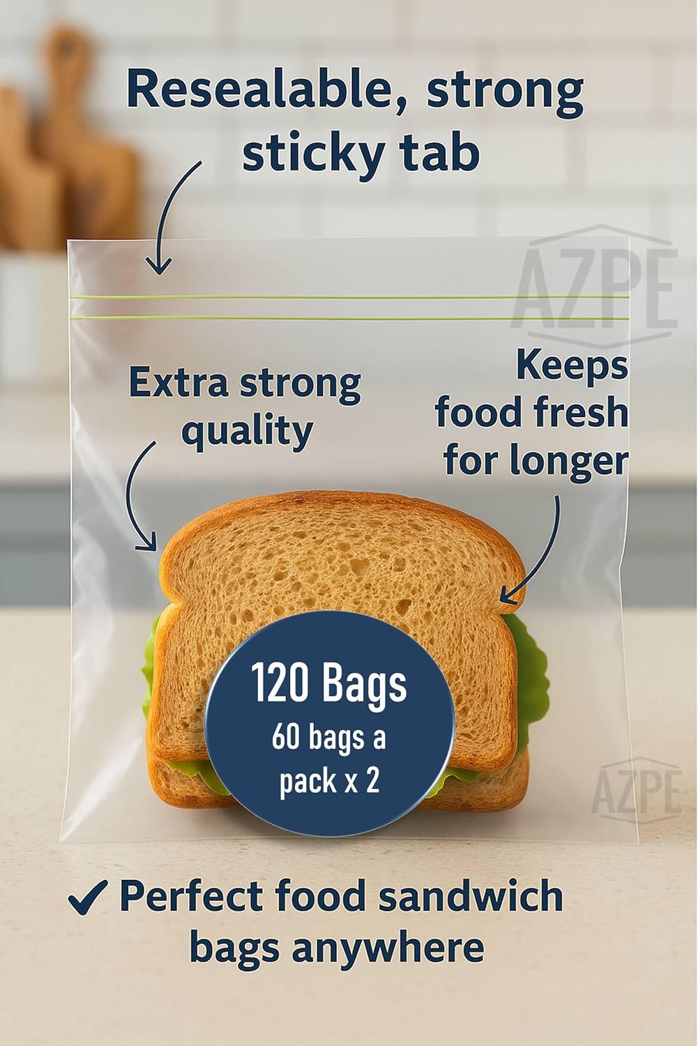 120 Strong Press and Seal Food Bags – Extra Strong Food and Sandwich Bags with Sticky Closure Tab – Resealable Snack Bag for School, Work, Travel, Picnics (60 a pack x 2) - Image 2