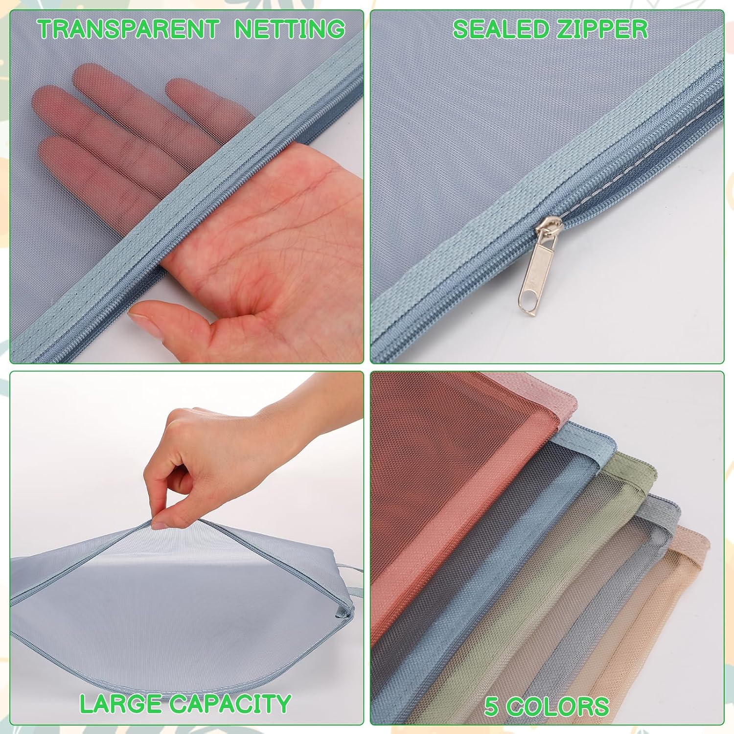 10 Pack Colored Mesh Zipper Pouch Bags, A4 Double-Layer Toy Storage Bags with Zipper Nylon Puzzle Building Blocks See Through Mesh Bag for Home School Office Game, Style 2 - Image 2