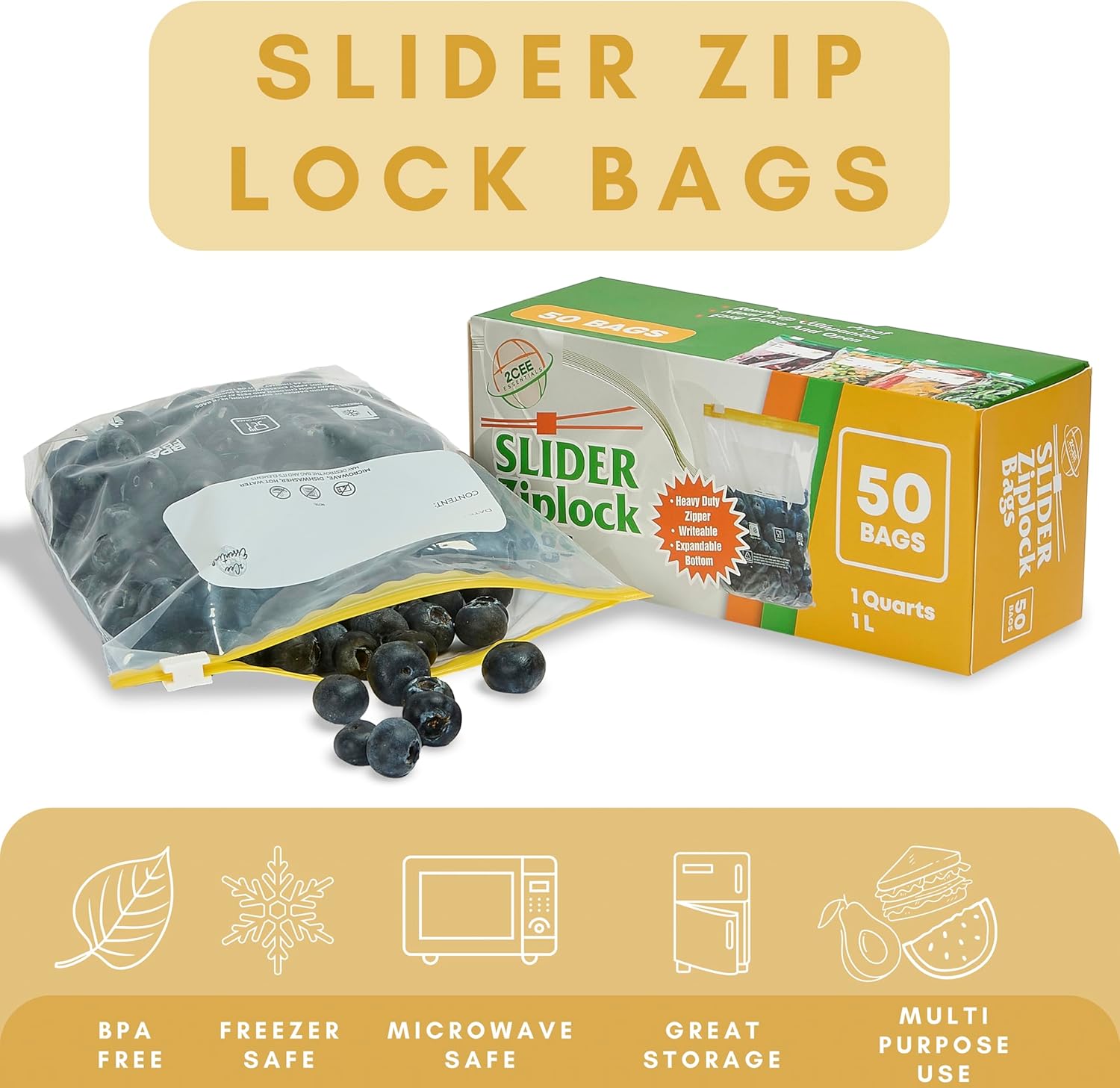 Small Slider Ziplock Bags (50pcs, 1 Quart / 1L) – Reusable Freezer Bags for Food Storage, Sandwich, Meal Prep – Leakproof, BPA-Free, Resealable & Heavy Duty Plastic Bags - Image 3