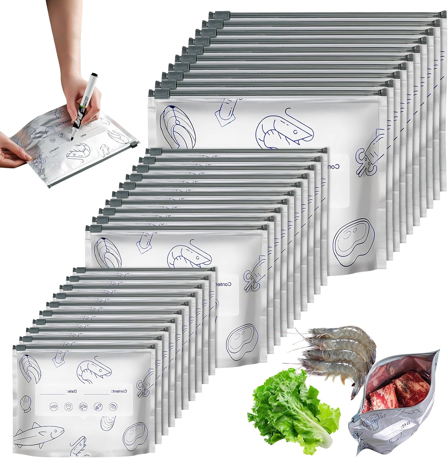 30PCS Aluminum Foil Fresh-Keeping Bags, 3 Sizes Sealed Food Storage Bag, Stand Up Foil Bag with Label and Zip Lock, Reusable Sandwich Bag for Kitchen Cooking Vegetable Fruit Meat Storage and Freezable