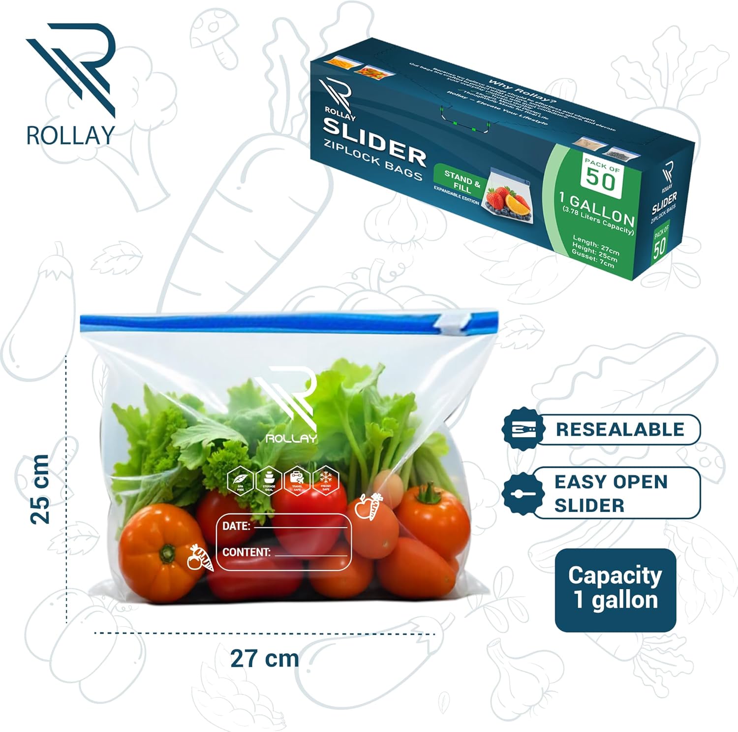 50 Slider Ziplock Bags – 1 Gallon(3.78L) Food Storage Bags – Stand & Fill with Expandable Bottom – Resealable, Freezer Safe, Microwave Ready – Great for Fruits, Veggies & Leftovers - Image 2